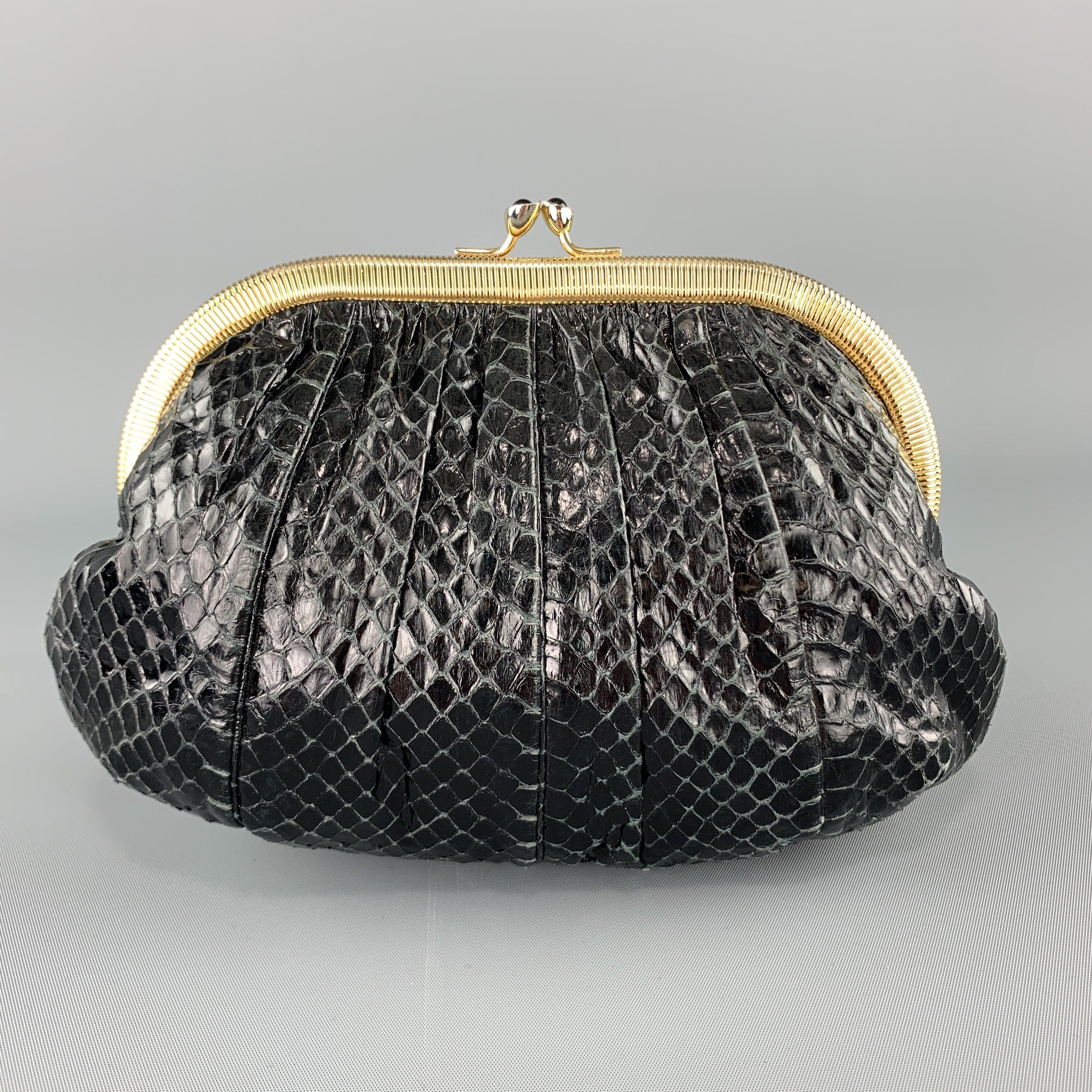 JUDITH LEIBER Ruched Black Snake Skin Evening Clutch Handbag In Excellent Condition For Sale In San Francisco, CA