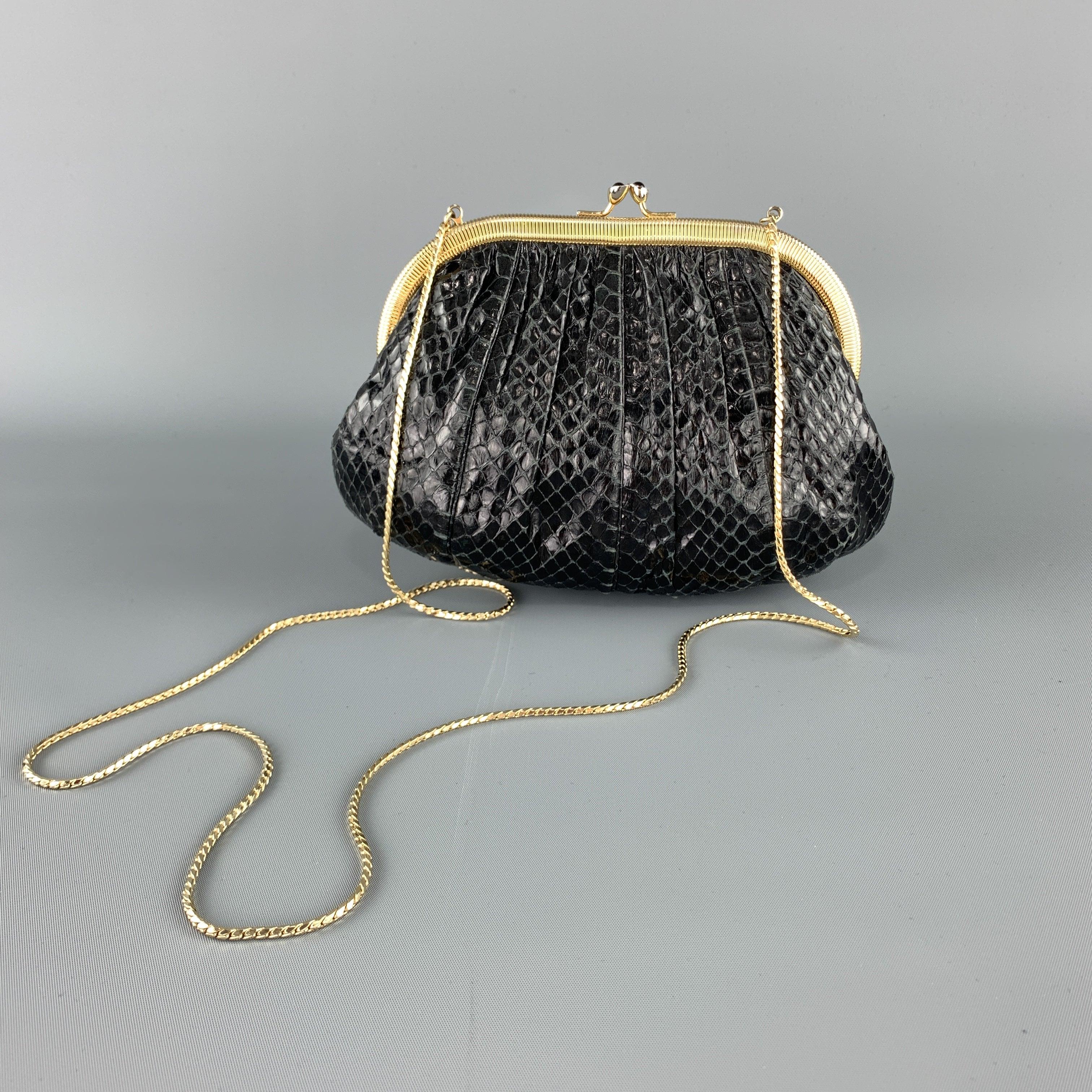 JUDITH LEIBER Ruched Black Snake Skin Evening Clutch Handbag For Sale 1