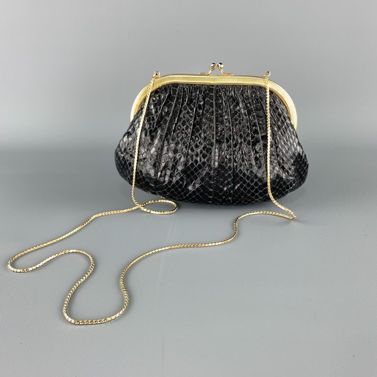 JUDITH LEIBER Ruched Black Snake Skin Evening Handbag For Sale at