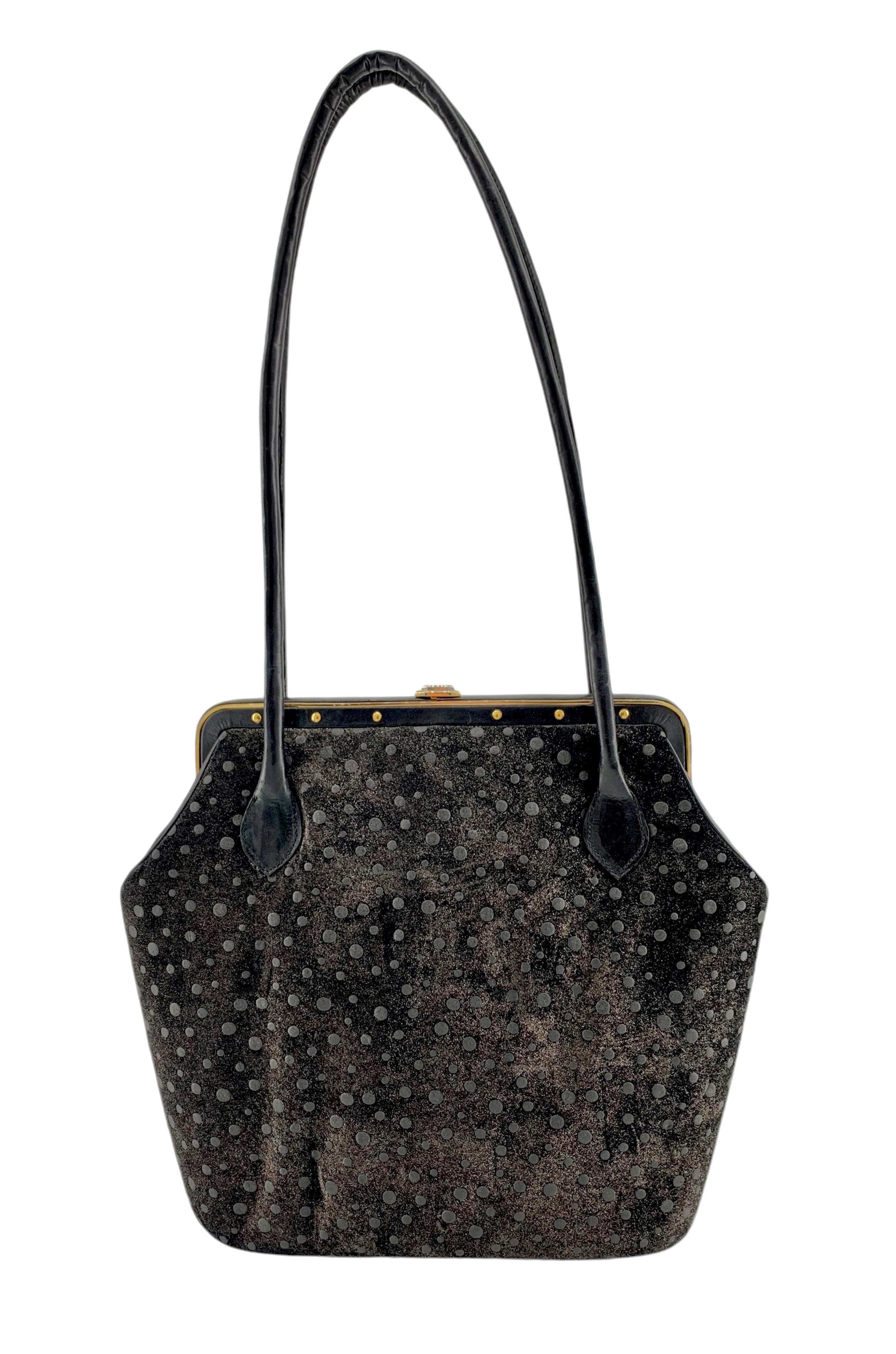 Black Judith Leiber Shimmery Charcoal Suede Polka Dot Purse, 1990s For Sale
