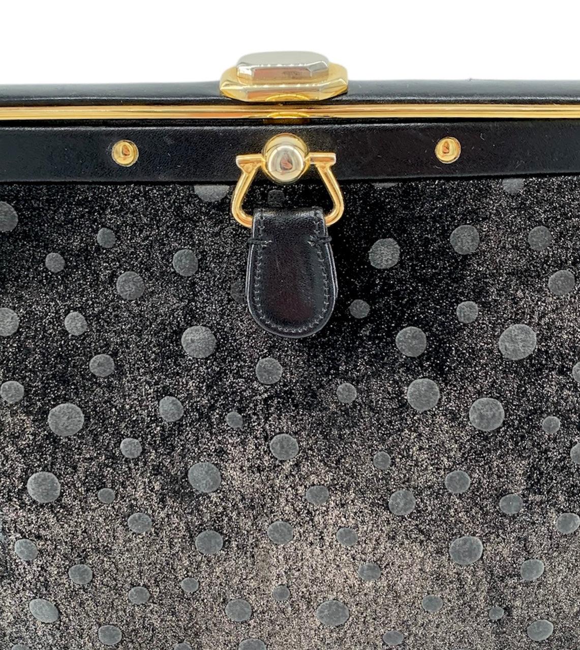 Judith Leiber Shimmery Charcoal Suede Polka Dot Purse, 1990s In Good Condition For Sale In Los Angeles, CA
