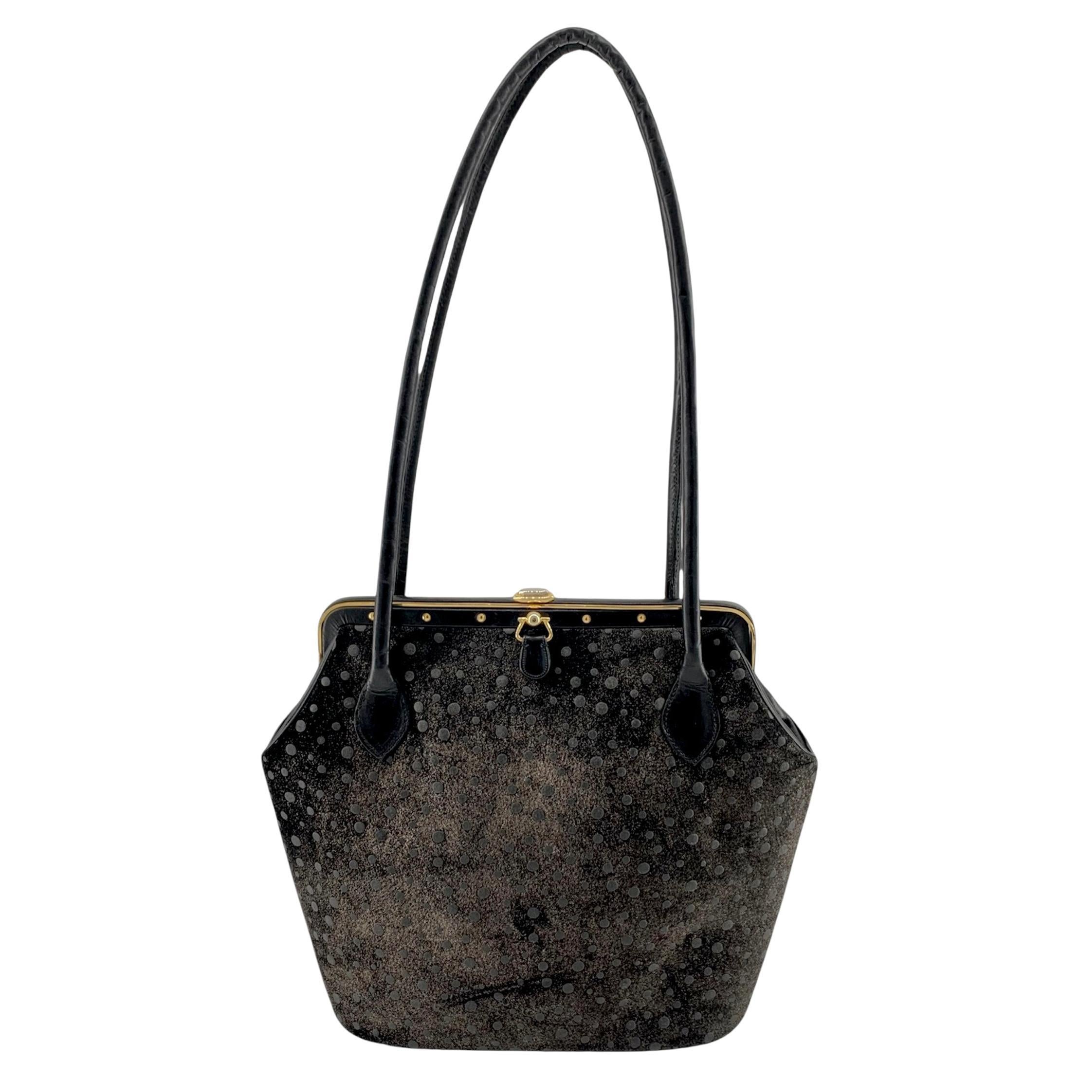 Judith Leiber Shimmery Charcoal Suede Polka Dot Purse, 1990s For Sale