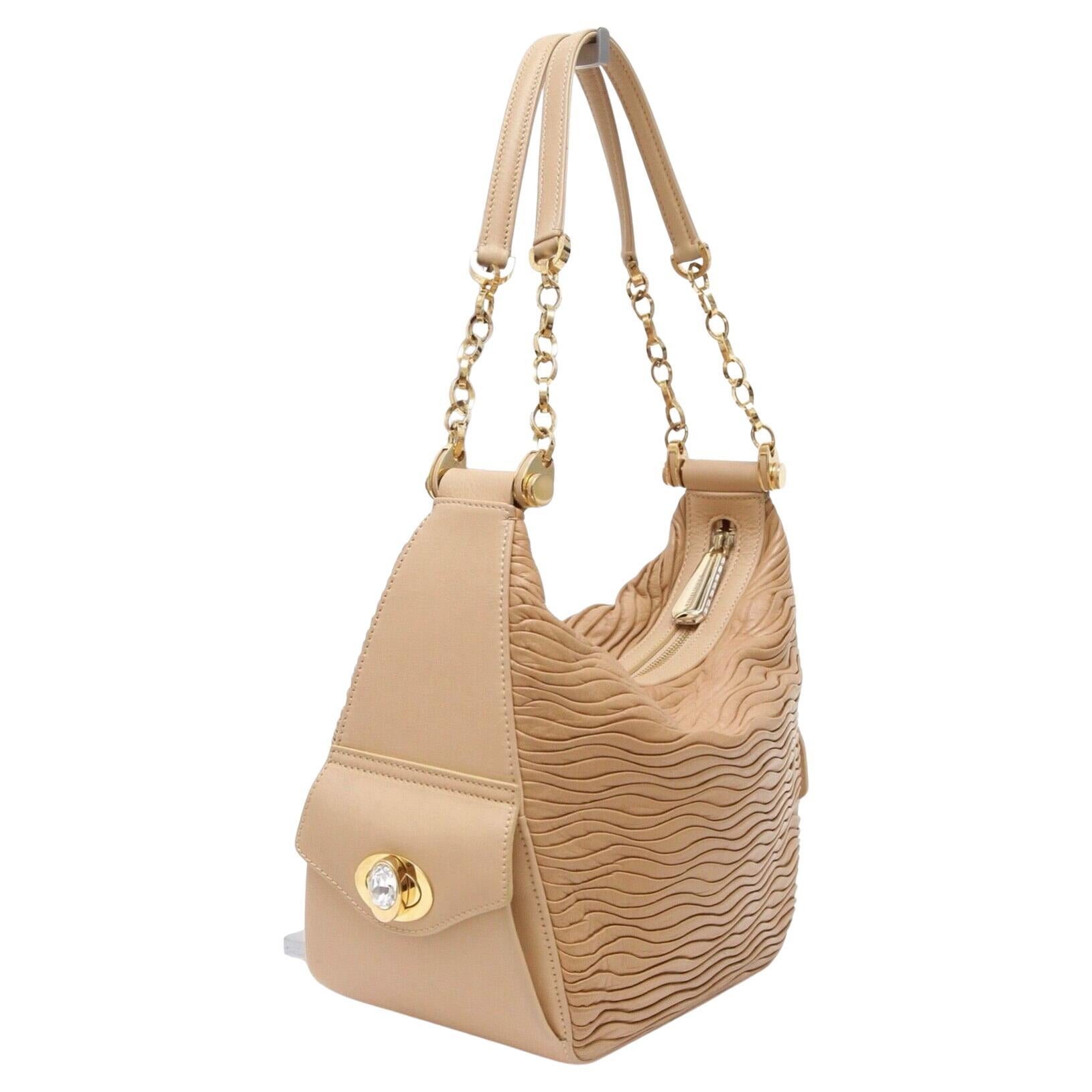 JUDITH LEIBER Shoulder Bag Hobo Leather Beige Gold-Tone HW Crystal Top Zipper For Sale