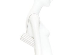 JUDITH LEIBER silver crystal encrusted metal clasp chained minaudiere clutch bag