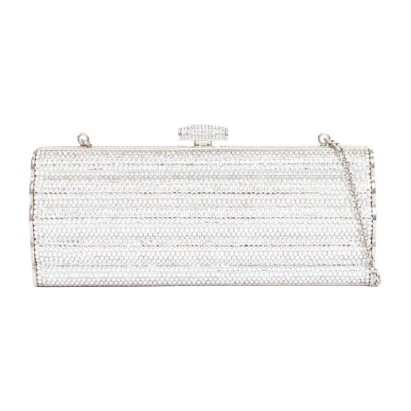 JUDITH LEIBER silver crystal encrusted metal clasp chained minaudiere clutch bag