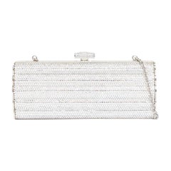 JUDITH LEIBER silver crystal encrusted metal clasp chained minaudiere clutch bag