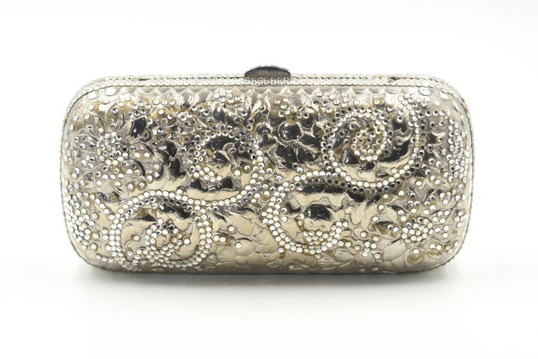 Women's Judith Leiber Silver Metal and Crystal Floral Oblong Minaudière Evening Bag  For Sale