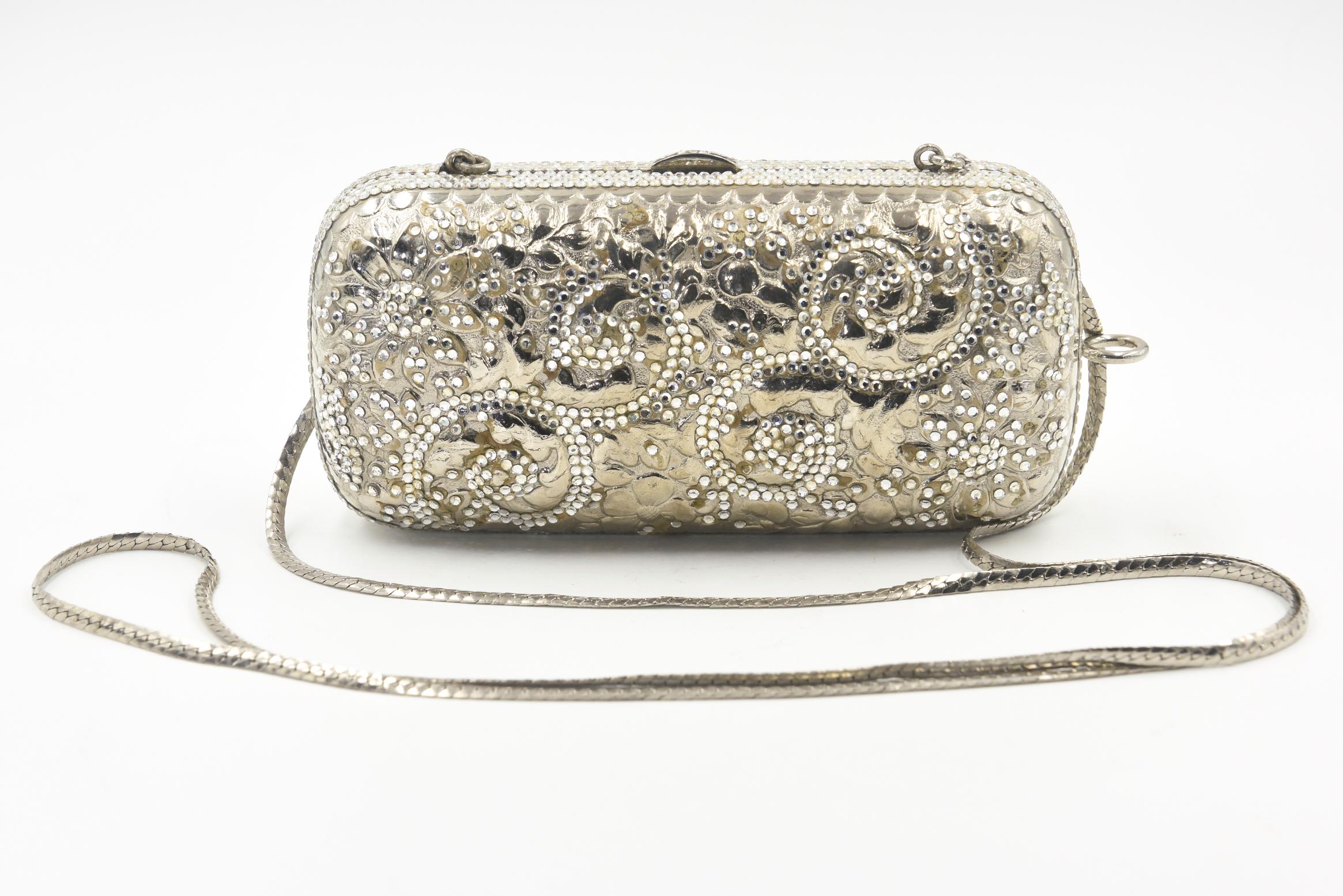 Women's Judith Leiber Silver Metal and Crystal Floral Oblong Minaudière Evening Bag