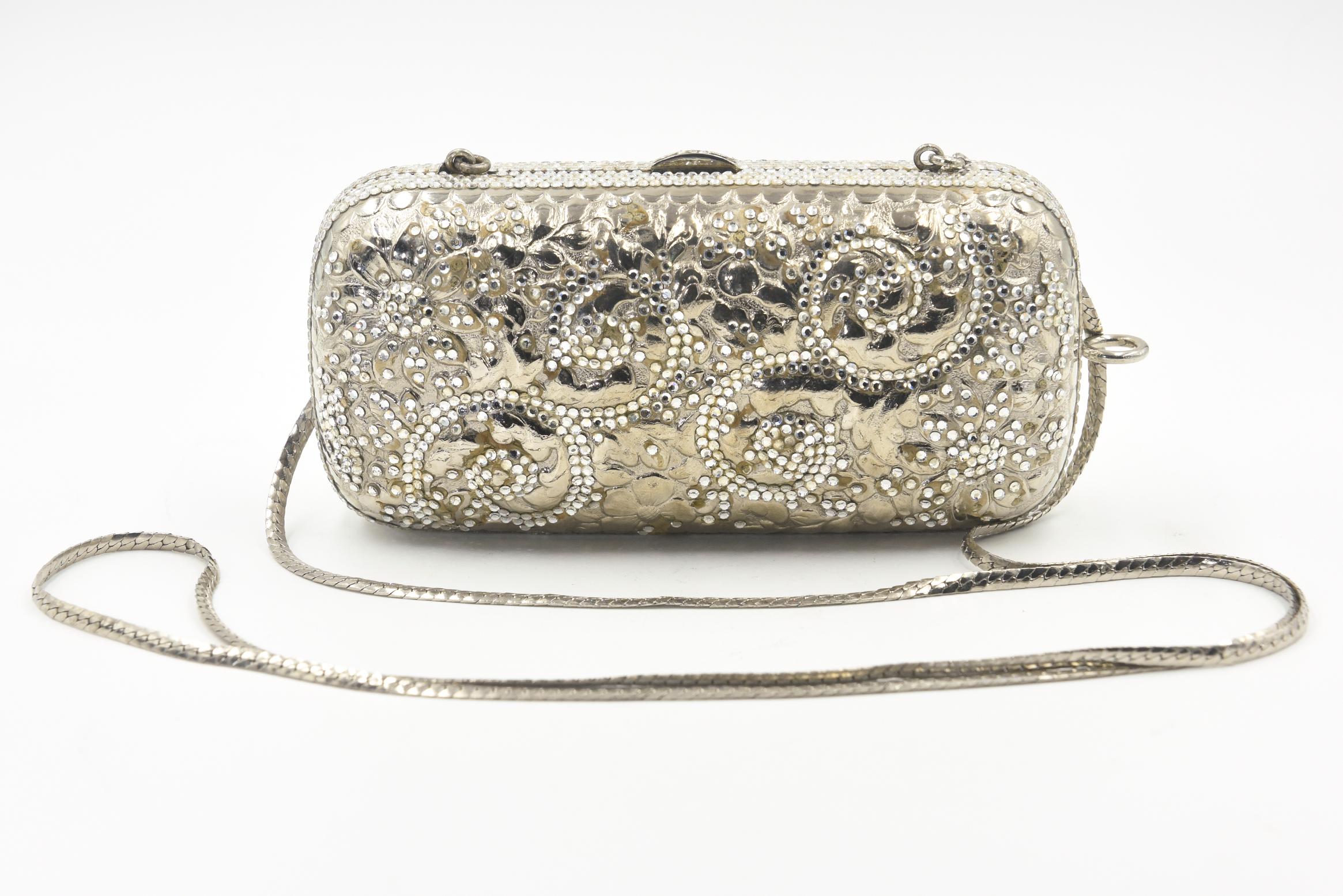 Women's Judith Leiber Silver Metal and Crystal Floral Oblong Minaudière Evening Bag  For Sale