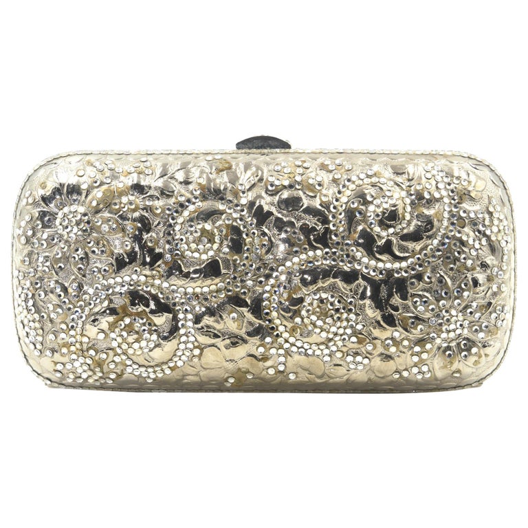 Judith Leiber Silver Metal and Crystal Floral Oblong Minaudière Evening Bag  For Sale