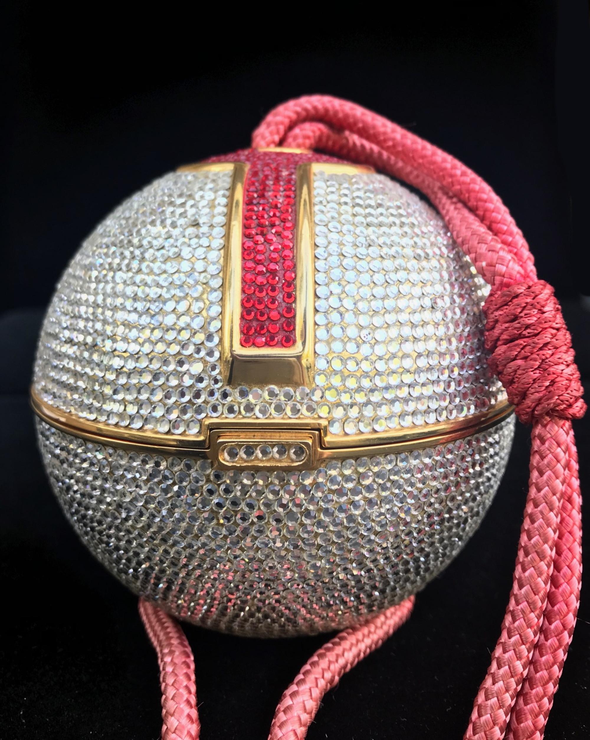 Modern Judith Leiber Silver, Red, Swarovski Crystal Ball Minaudiere, Evening Bag