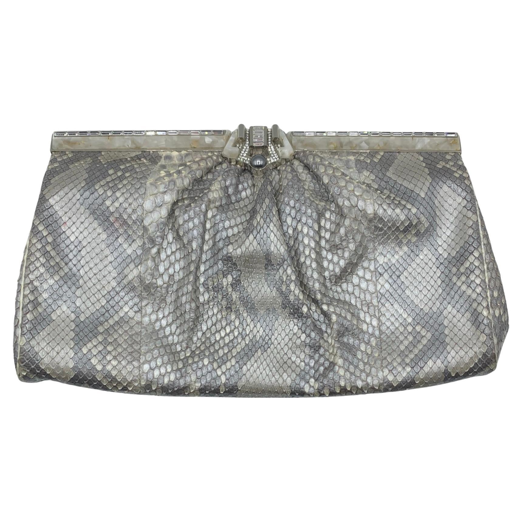 Judith Leiber Silver Snakeskin Deco Motif Evening Clutch Bag, 2000s For Sale