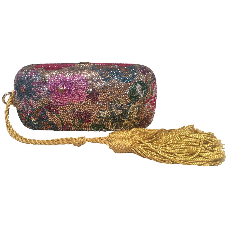 Judith Leiber Swarovski Crystal Floral Minaudiere with Tassel Rope For Sale