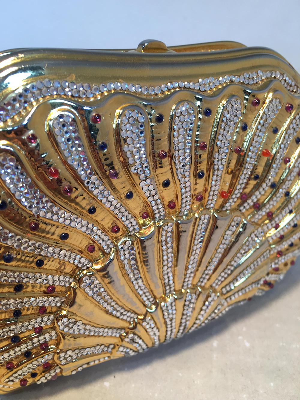 Judith Leiber Swarovski Crystal Gemstone Shell Minaudiere Evening Bag In Excellent Condition In Philadelphia, PA