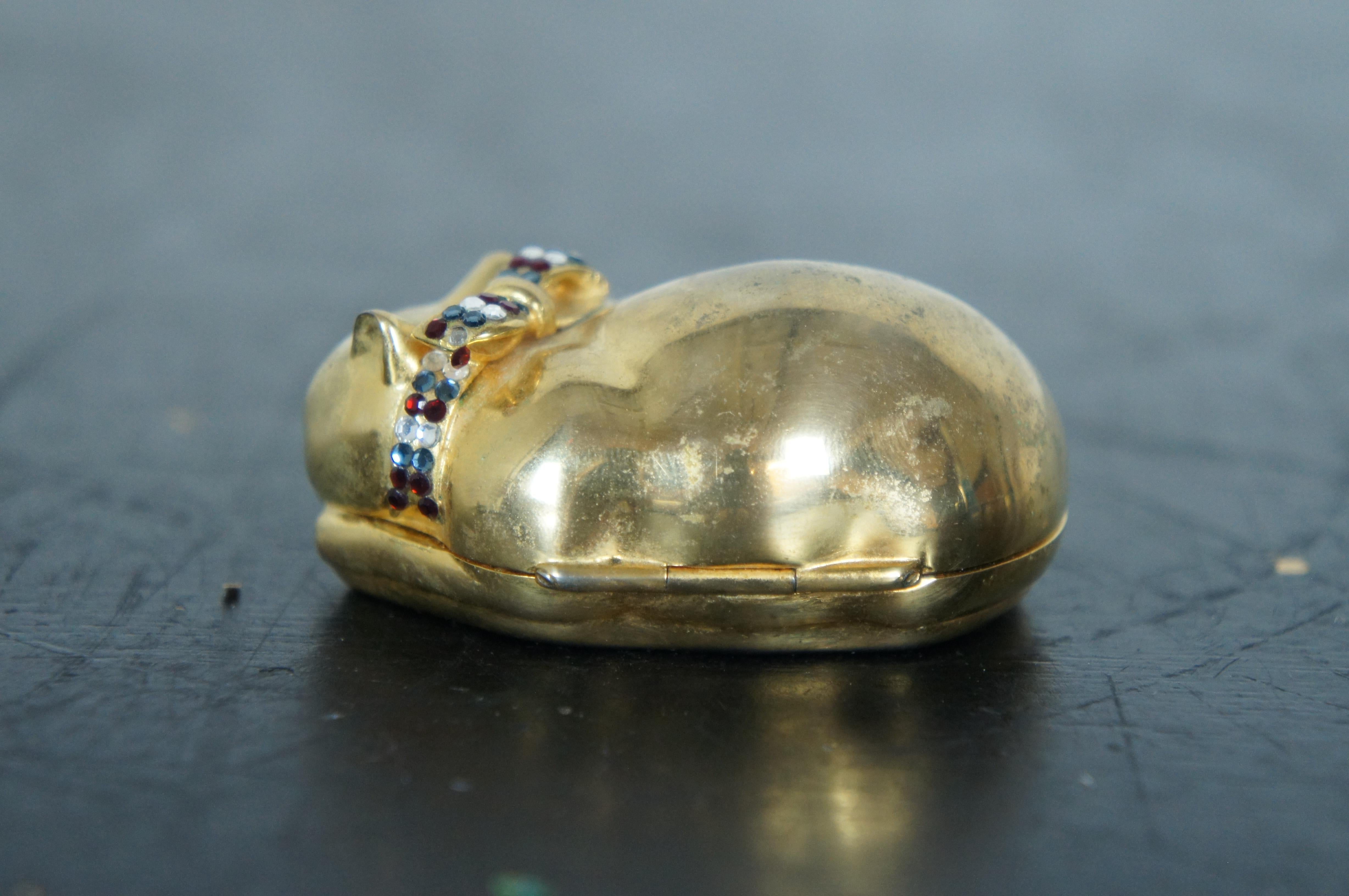 Metal Judith Leiber Swarovski Crystal Gold Sleeping Cat Trinket Keepsake Pill Ring Box