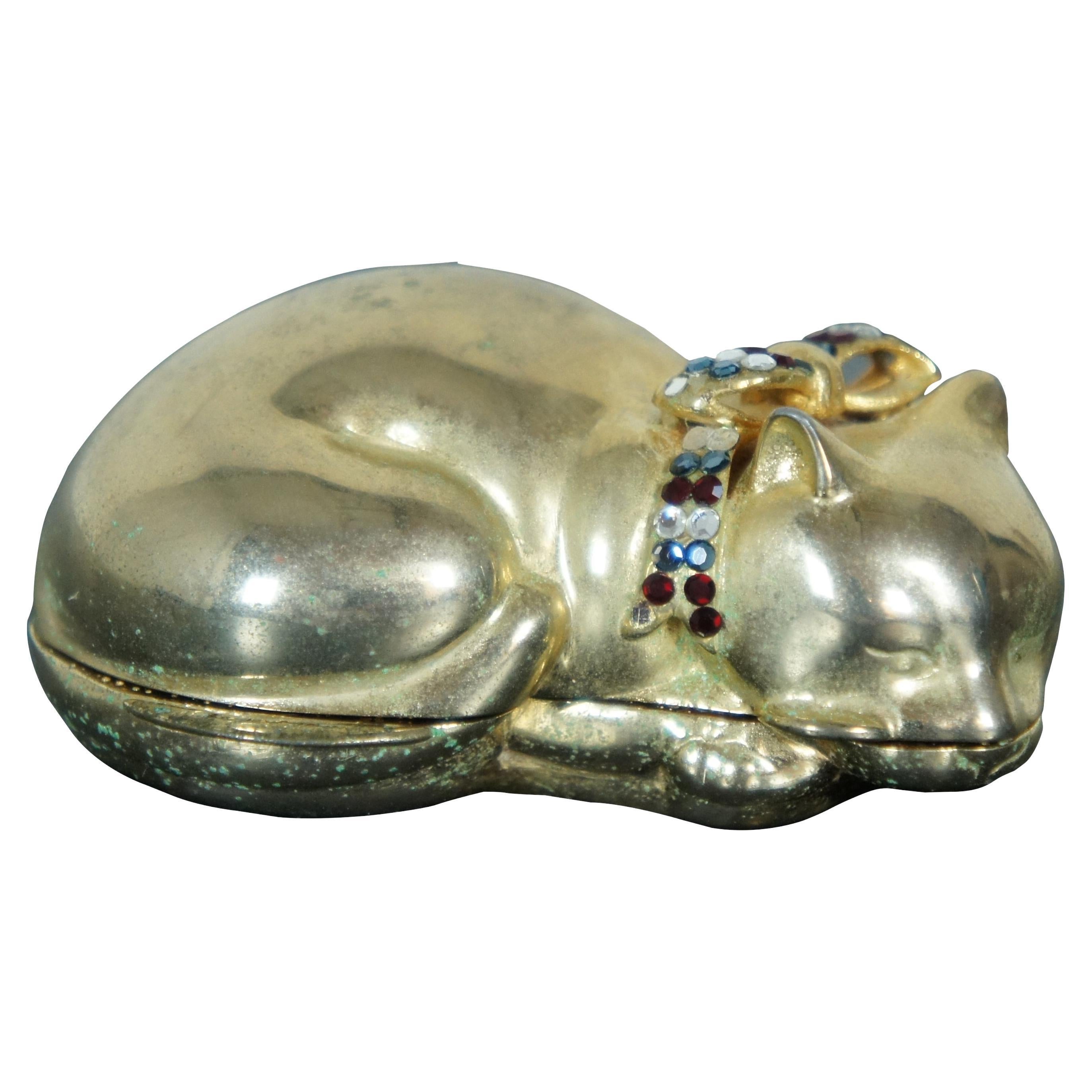Judith Leiber Swarovski Crystal Gold Sleeping Cat Trinket Keepsake Pill Ring Box