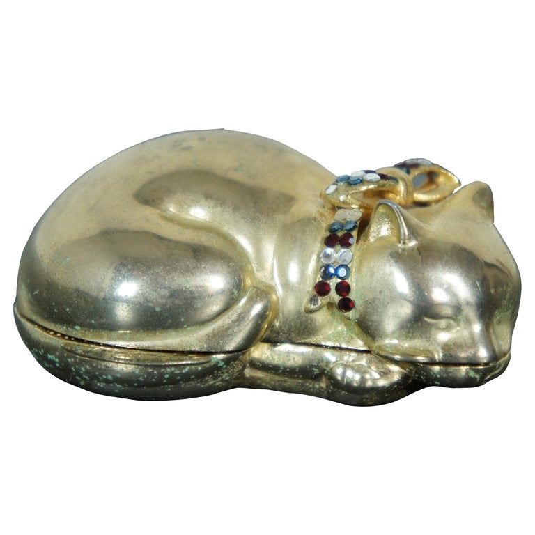 Judith Leiber Swarovski Crystal Gold Sleeping Cat Trinket Keepsake Pill