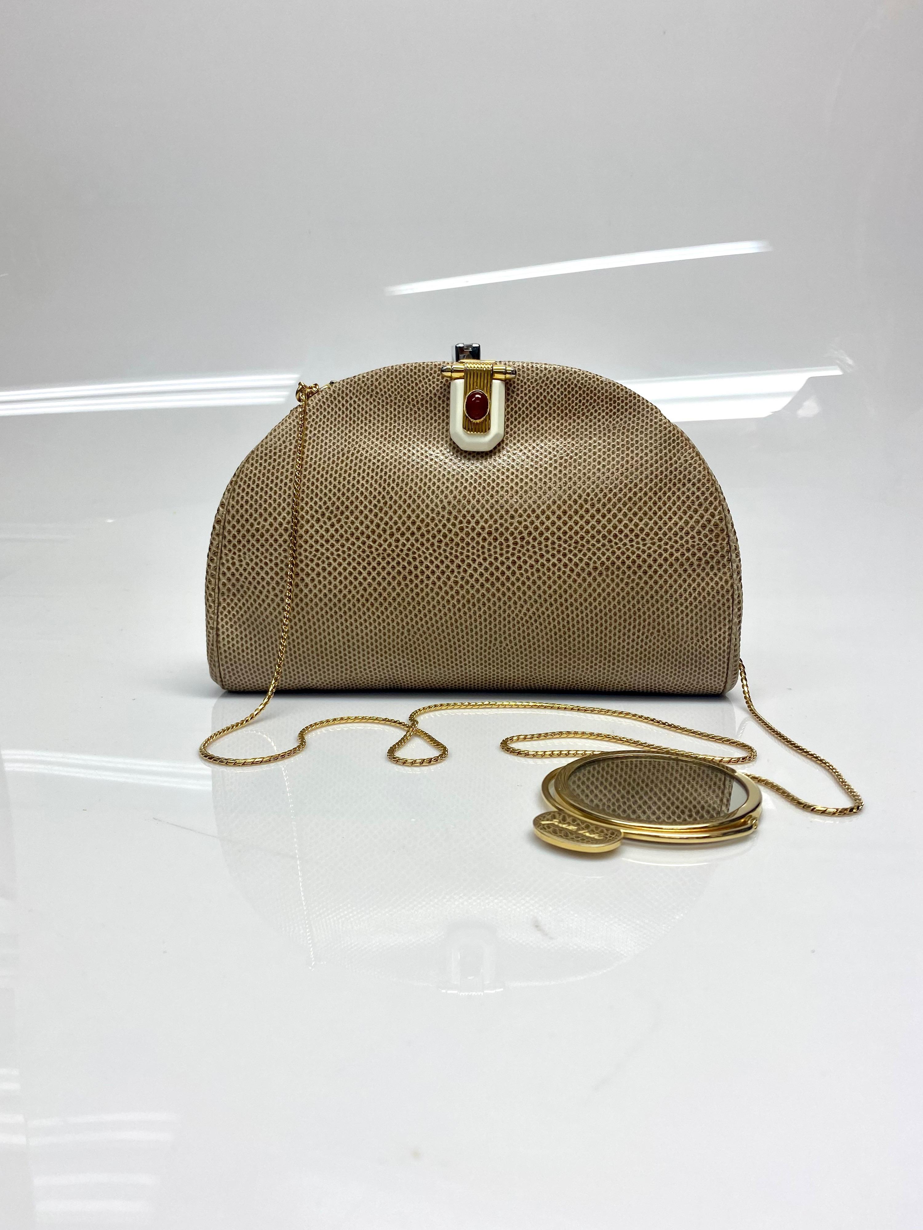 Judith Leiber Tan Karung Snake Handbag with Stone Buckle Front.  For Sale 2
