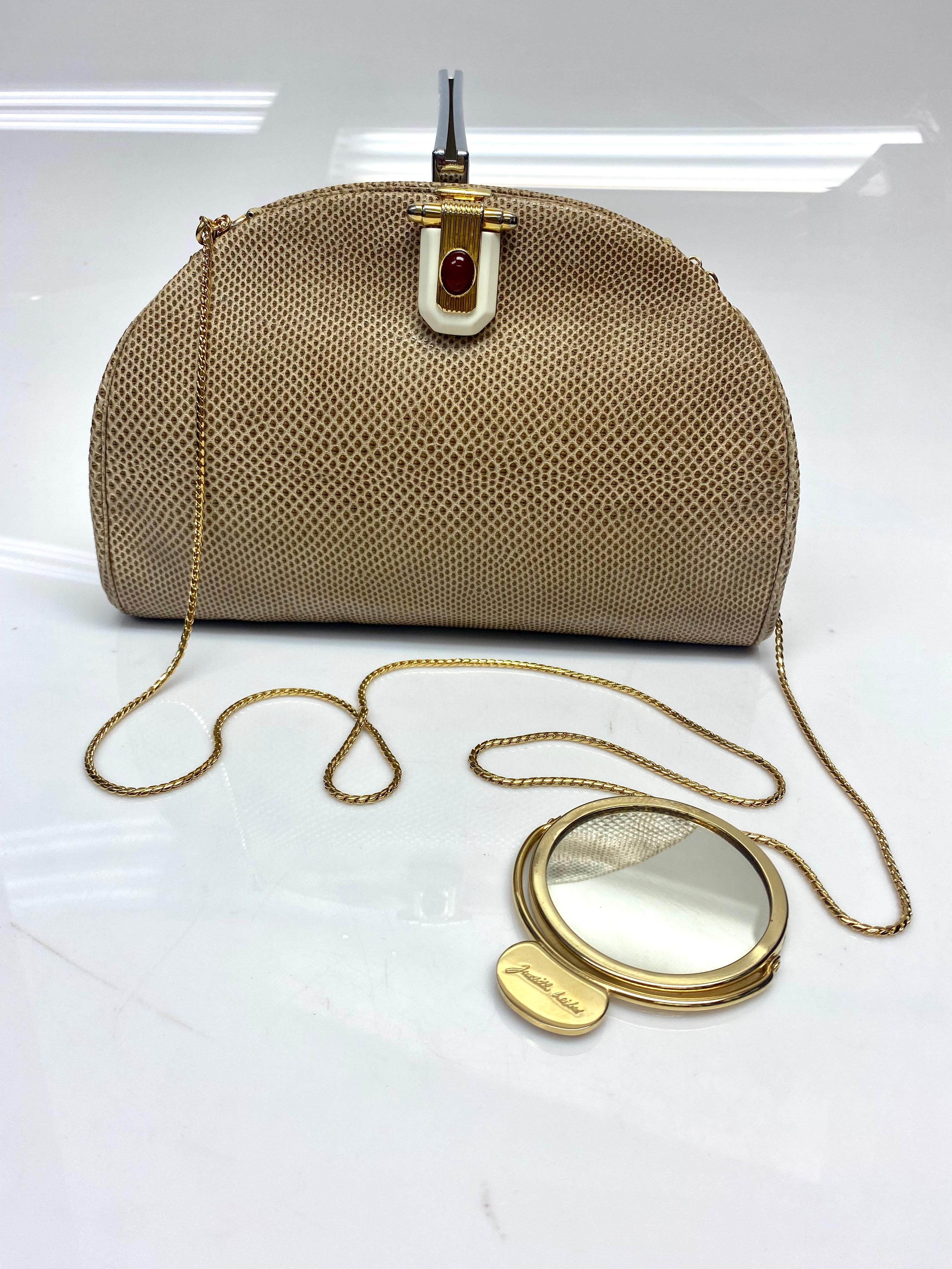 Judith Leiber Tan Karung Snake Handbag with Stone Buckle Front.  For Sale 3
