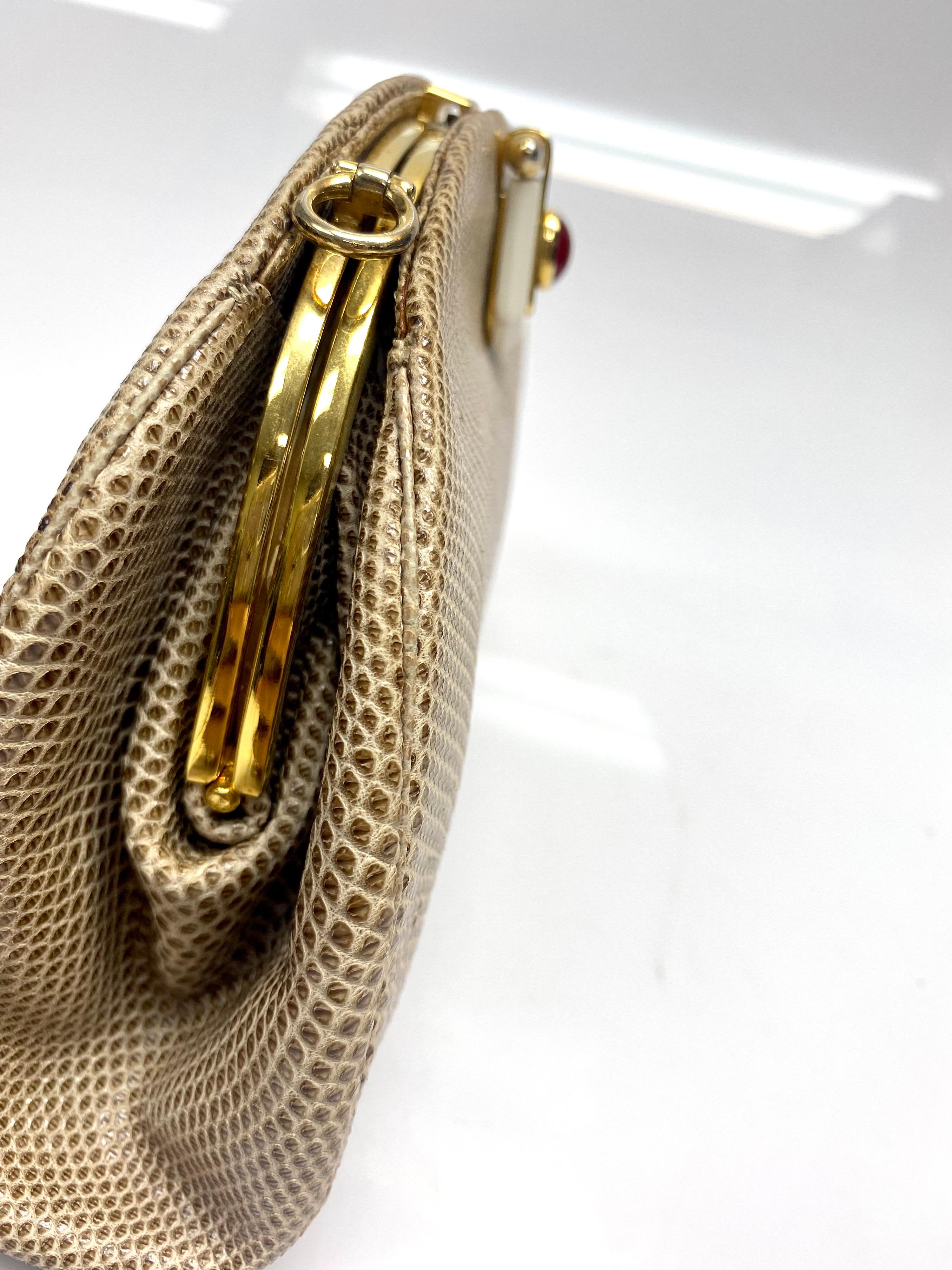 Brown Judith Leiber Tan Karung Snake Handbag with Stone Buckle Front.  For Sale
