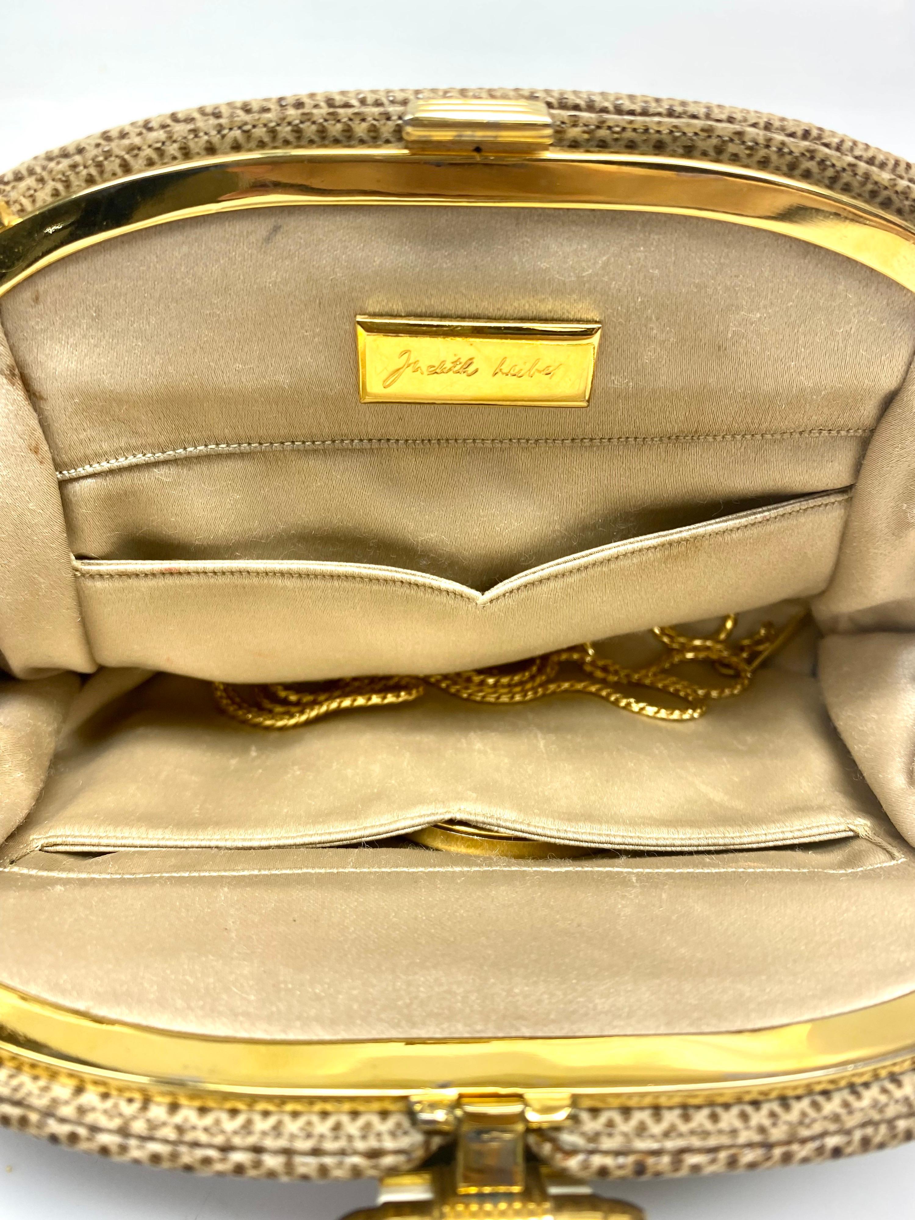 Women's Judith Leiber Tan Karung Snake Handbag with Stone Buckle Front.  For Sale