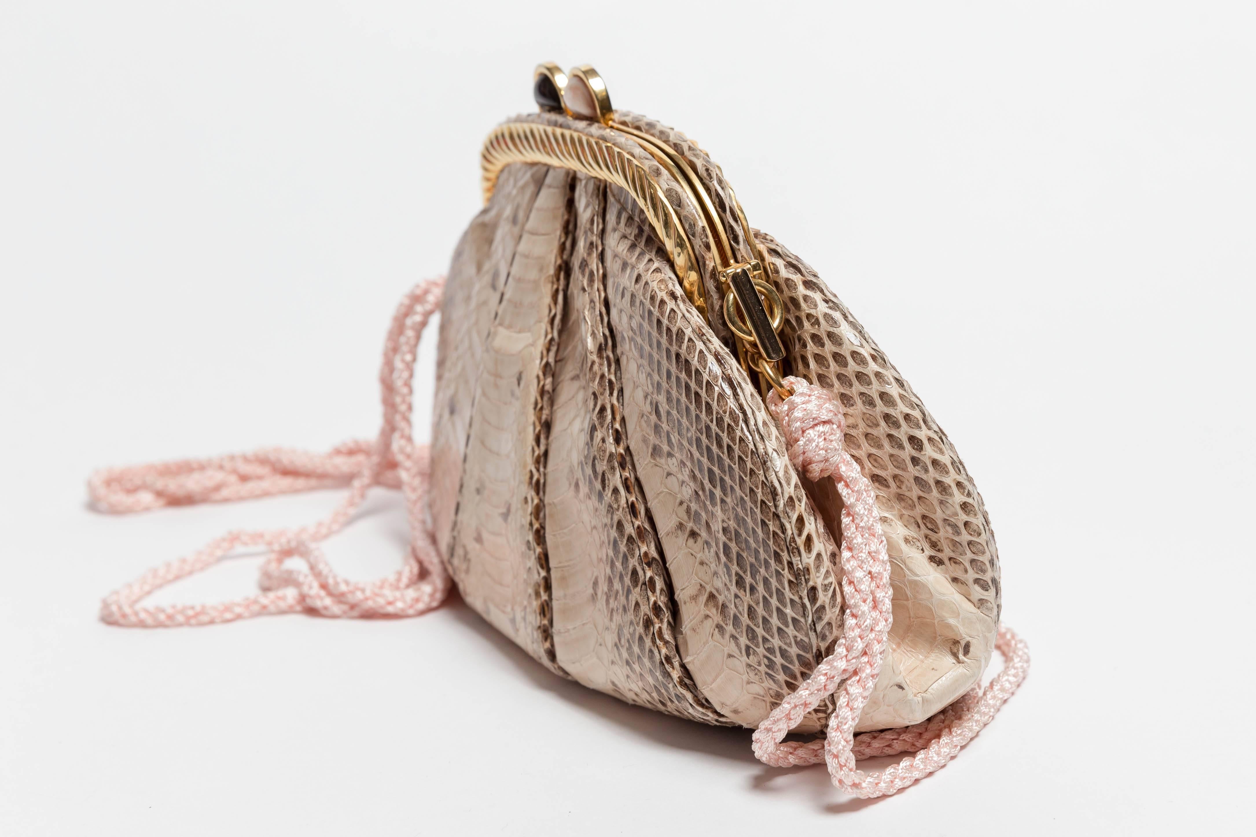 Beige Judith Leiber Tan Python Clutch with Silk Rope Shoulder Strap For Sale