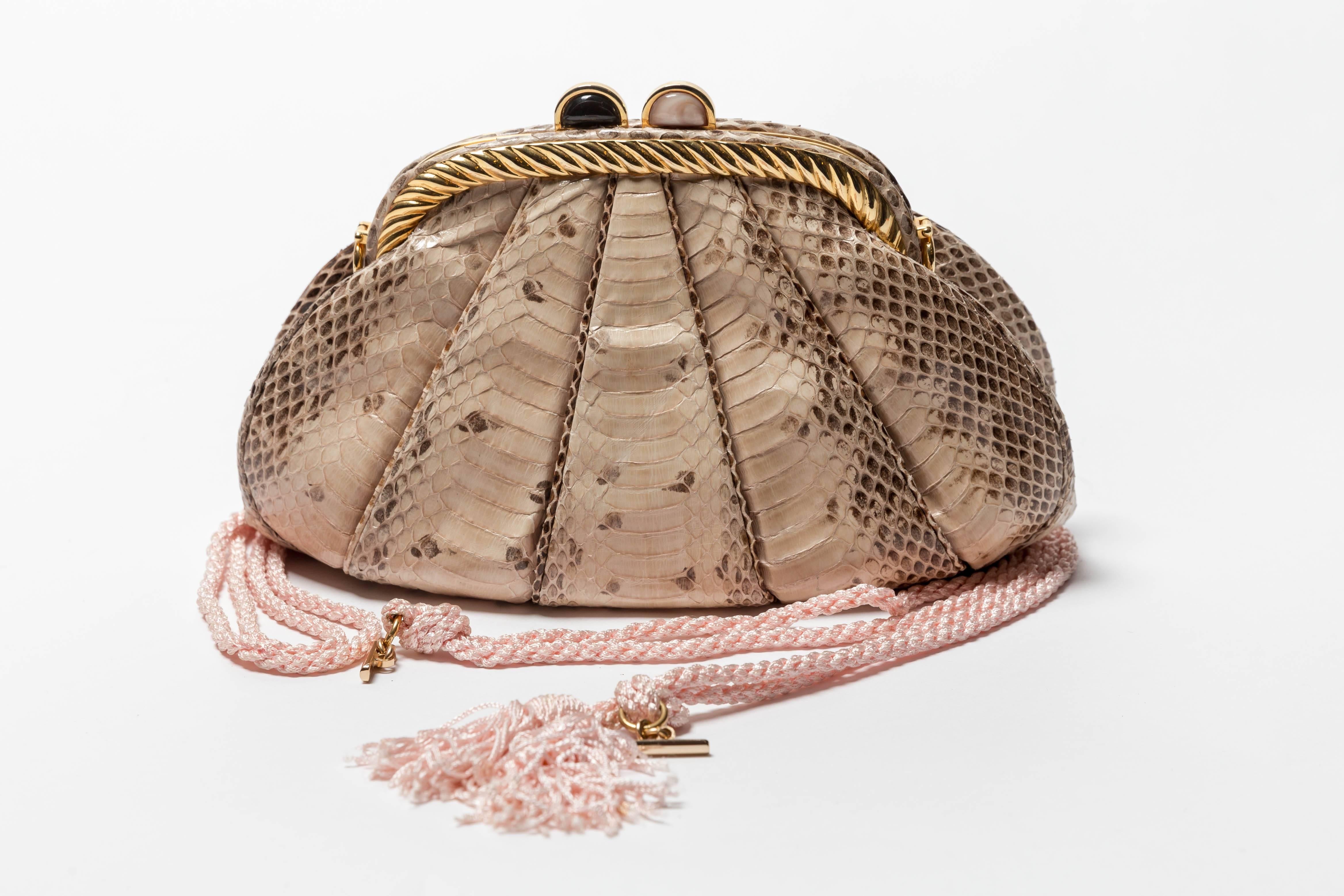 Judith Leiber Tan Python Clutch with Silk Rope Shoulder Strap For Sale 3