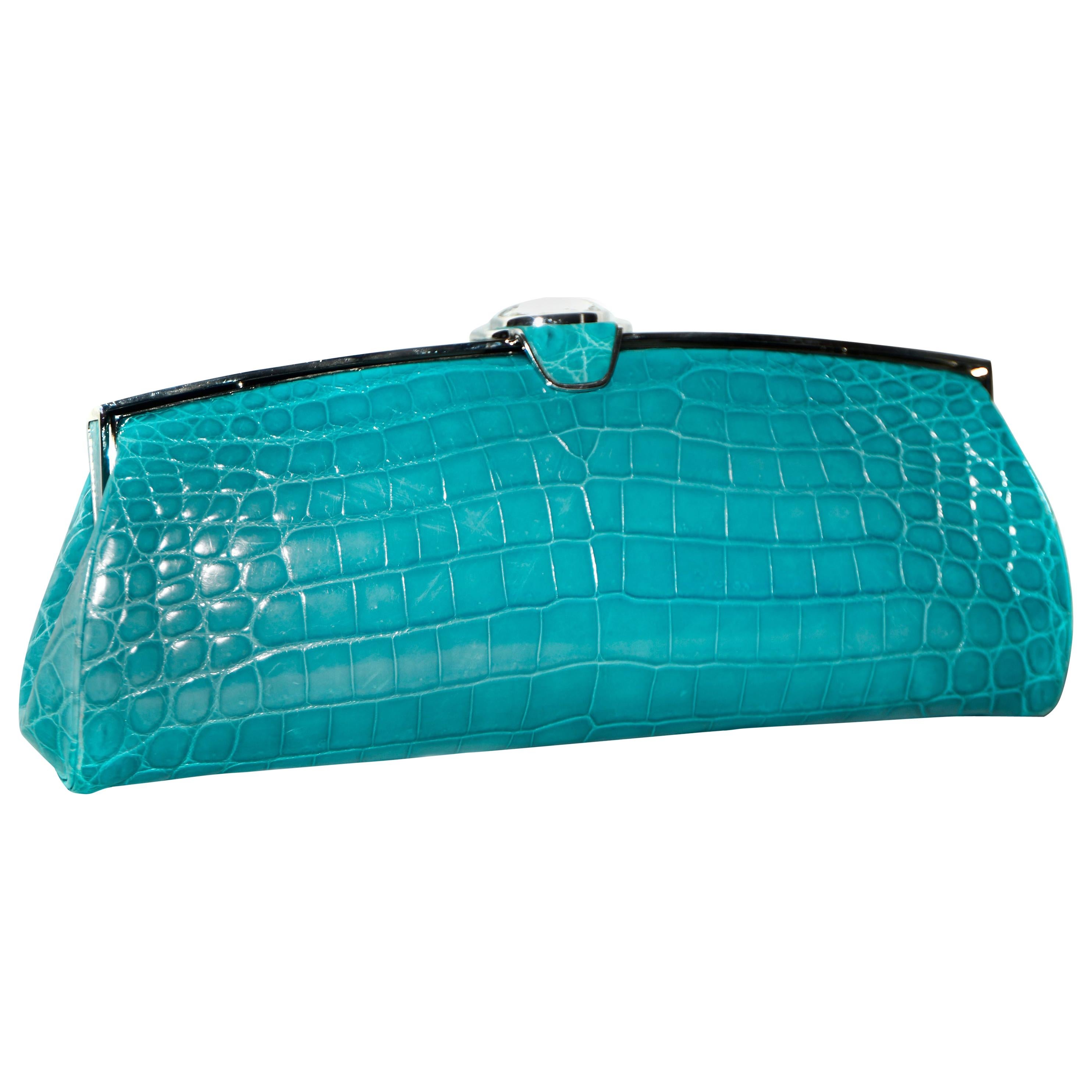 Judith Leiber Turquoise Croc Clutch With Crystal Top Closure For Sale