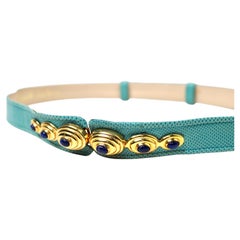 Judith Leiber Turquoise Embossed Leather Vintage Belt With Stone Detailed Buckle