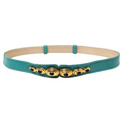 Judith Leiber Turquoise Embossed Leather Vintage Belt With Stone Detailed Buckle