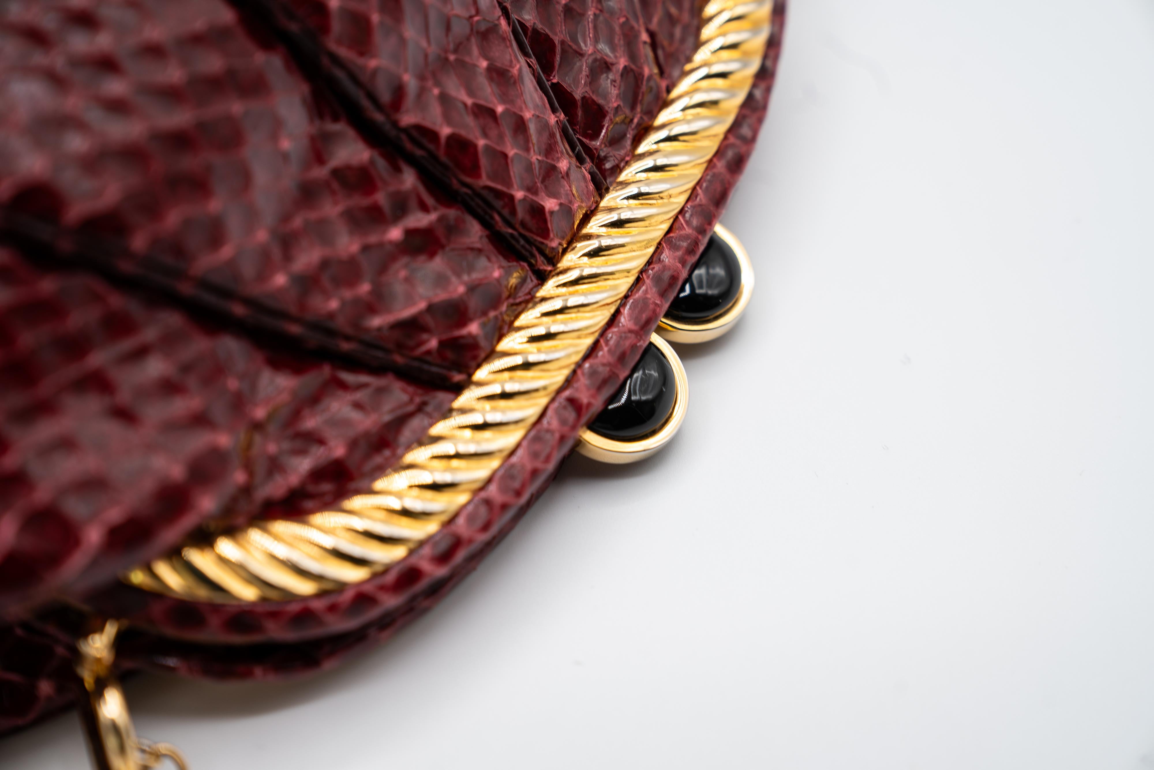 Judith Leiber Vintage Burgundy Snakeskin Gold Accent Handbag For Sale 5