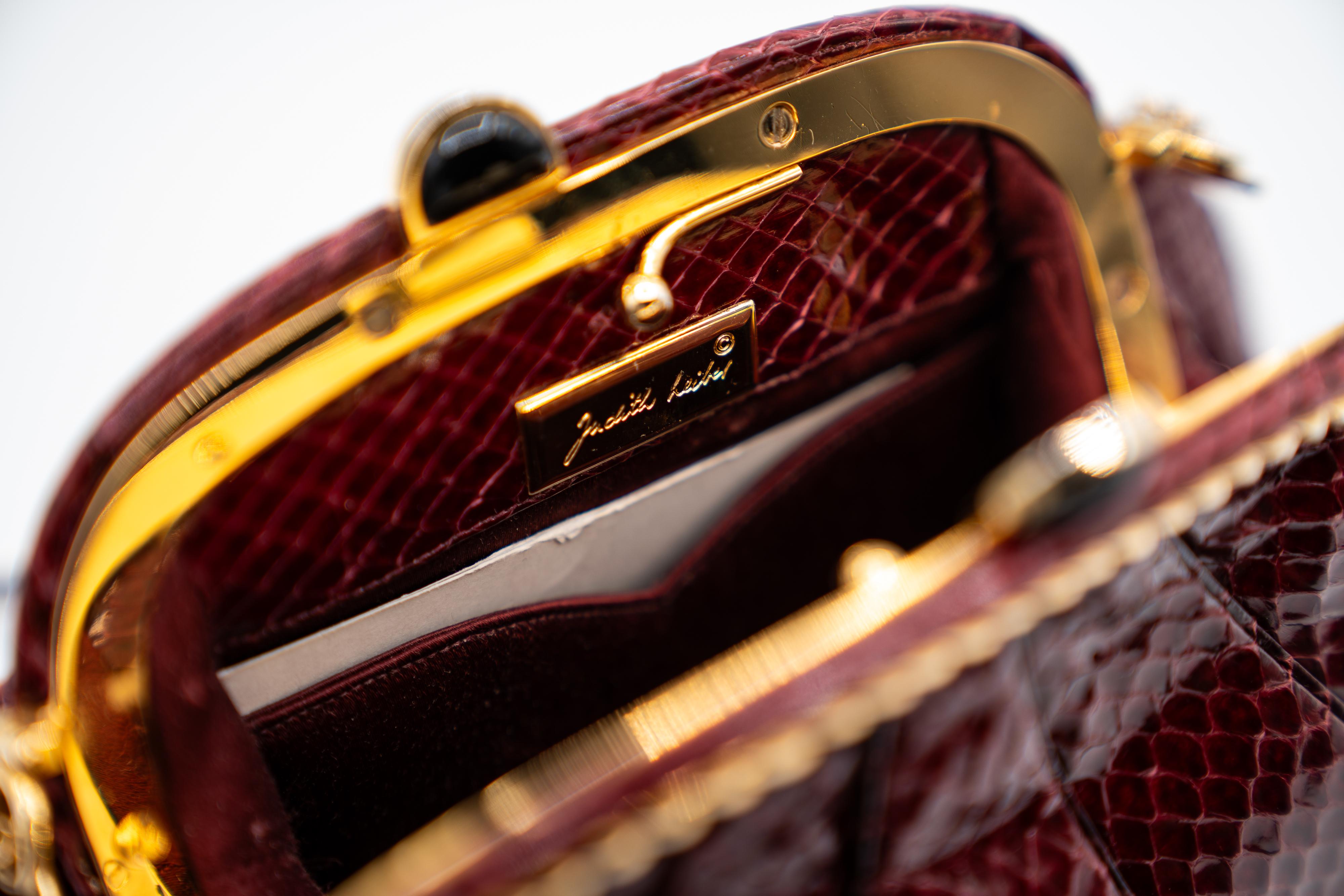 Judith Leiber Vintage Burgundy Snakeskin Gold Accent Handbag For Sale 6