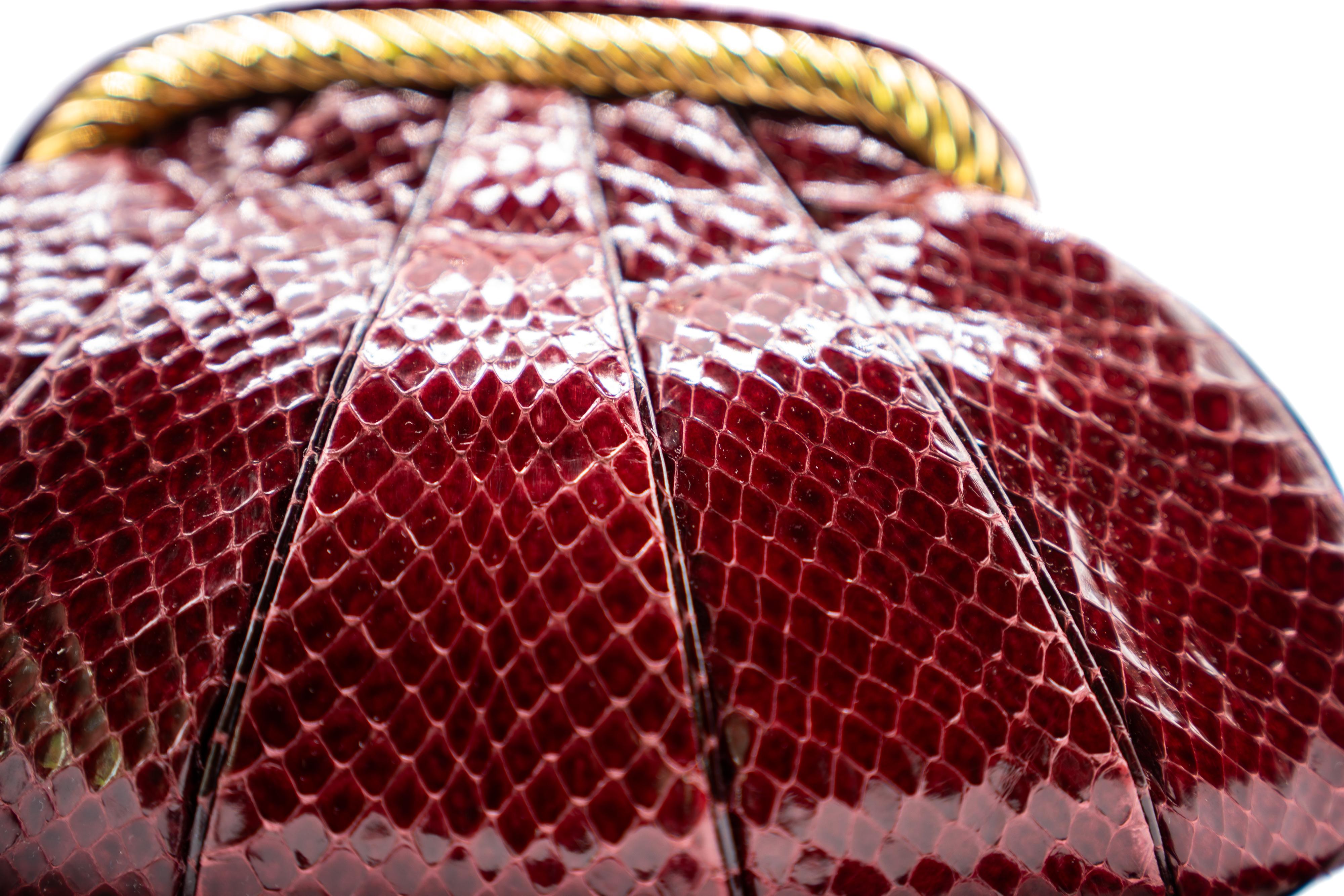 Judith Leiber Vintage Burgundy Snakeskin Gold Accent Handbag For Sale 7