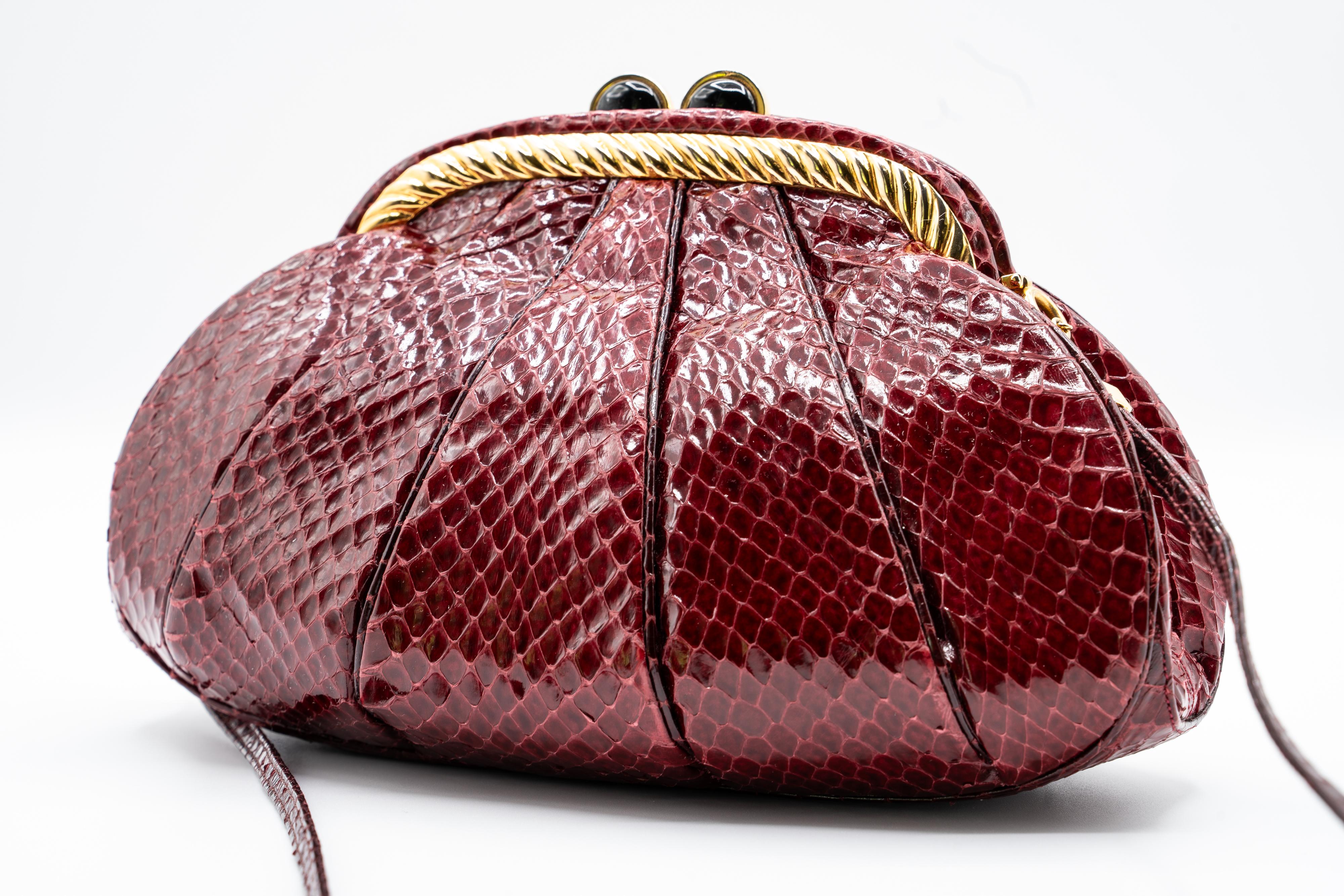 Brown Judith Leiber Vintage Burgundy Snakeskin Gold Accent Handbag For Sale
