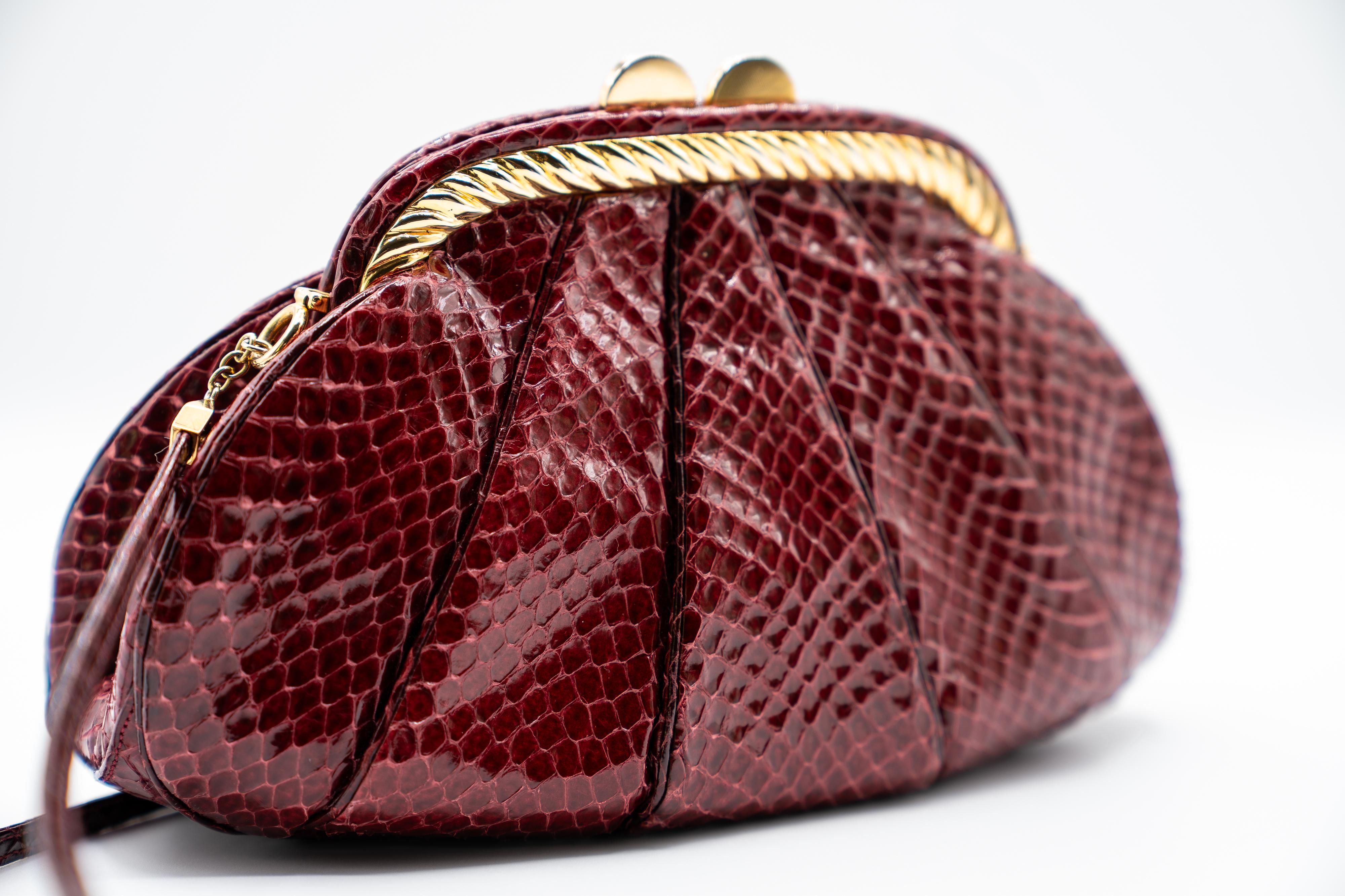 Judith Leiber Vintage Burgundy Snakeskin Gold Accent Handbag In Excellent Condition For Sale In Boca Raton, FL