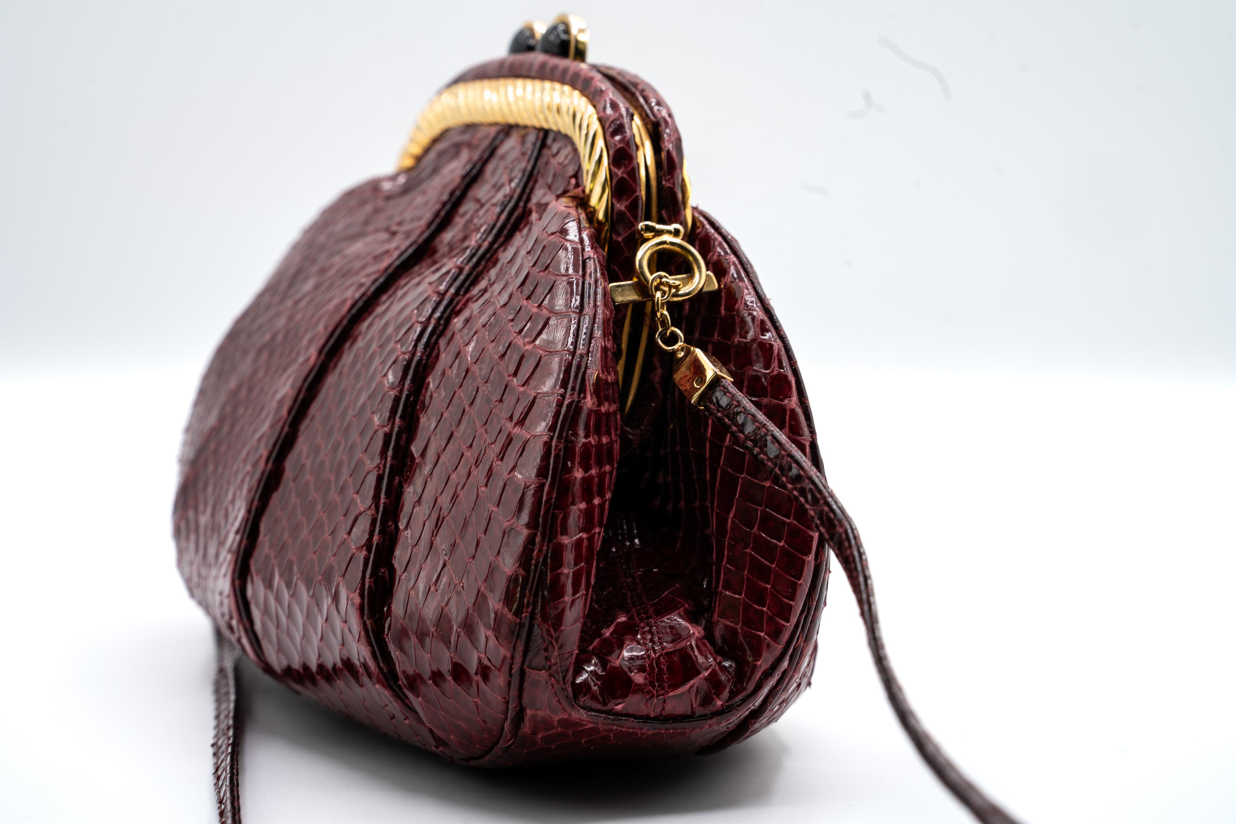 Women's Judith Leiber Vintage Burgundy Snakeskin Gold Accent Handbag For Sale
