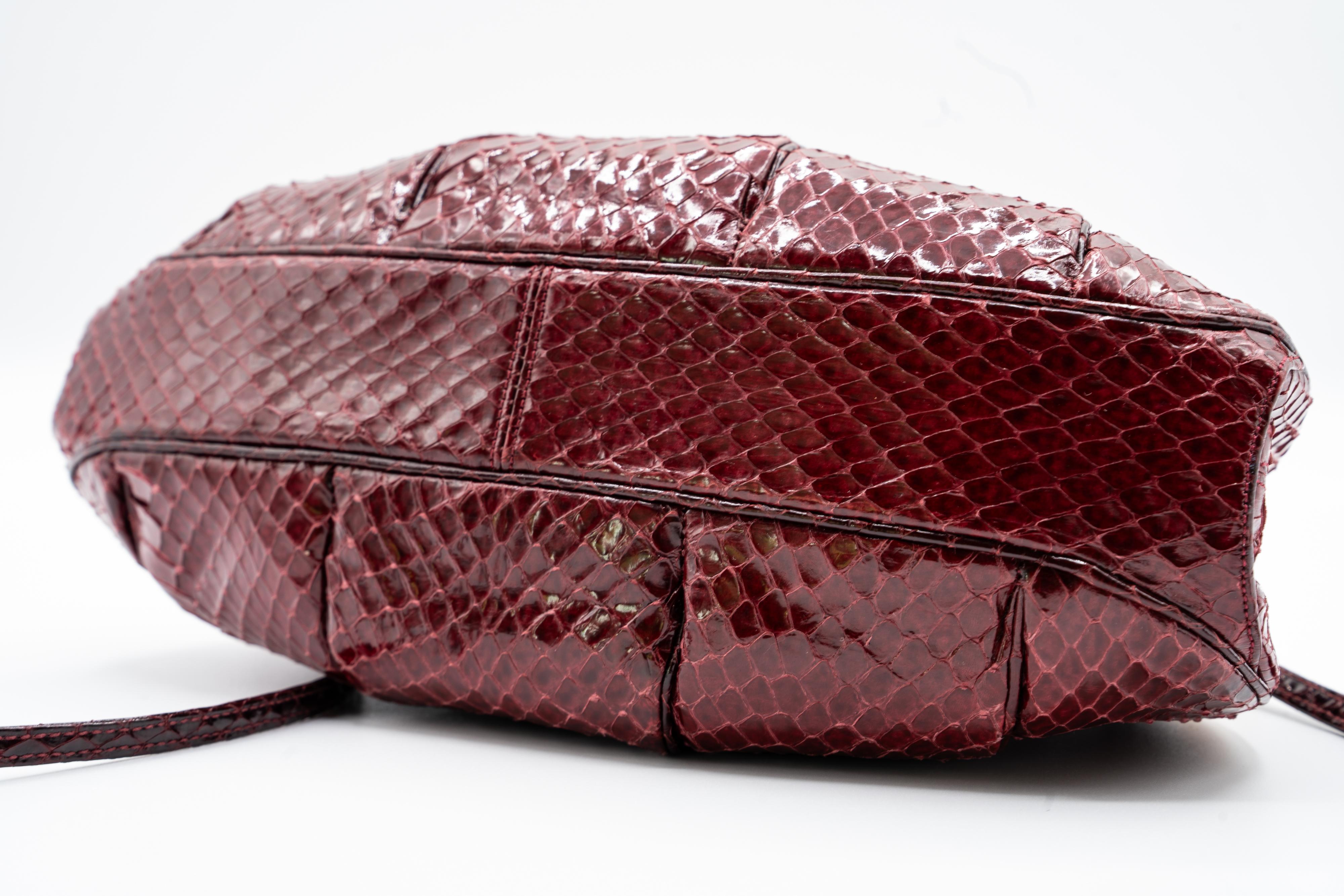 Judith Leiber Vintage Burgundy Snakeskin Gold Accent Handbag For Sale 1