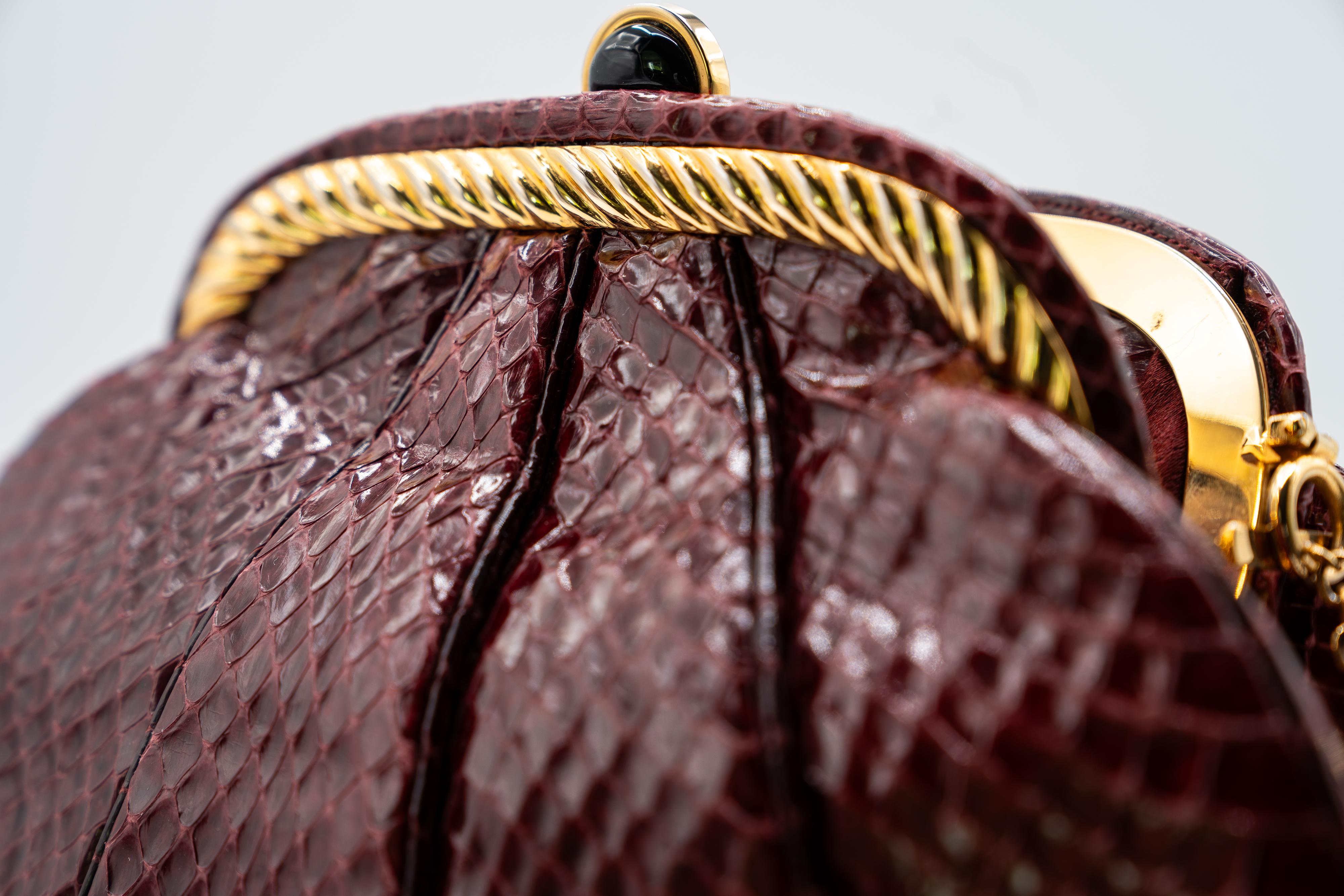 Judith Leiber Vintage Burgundy Snakeskin Gold Accent Handbag For Sale 2