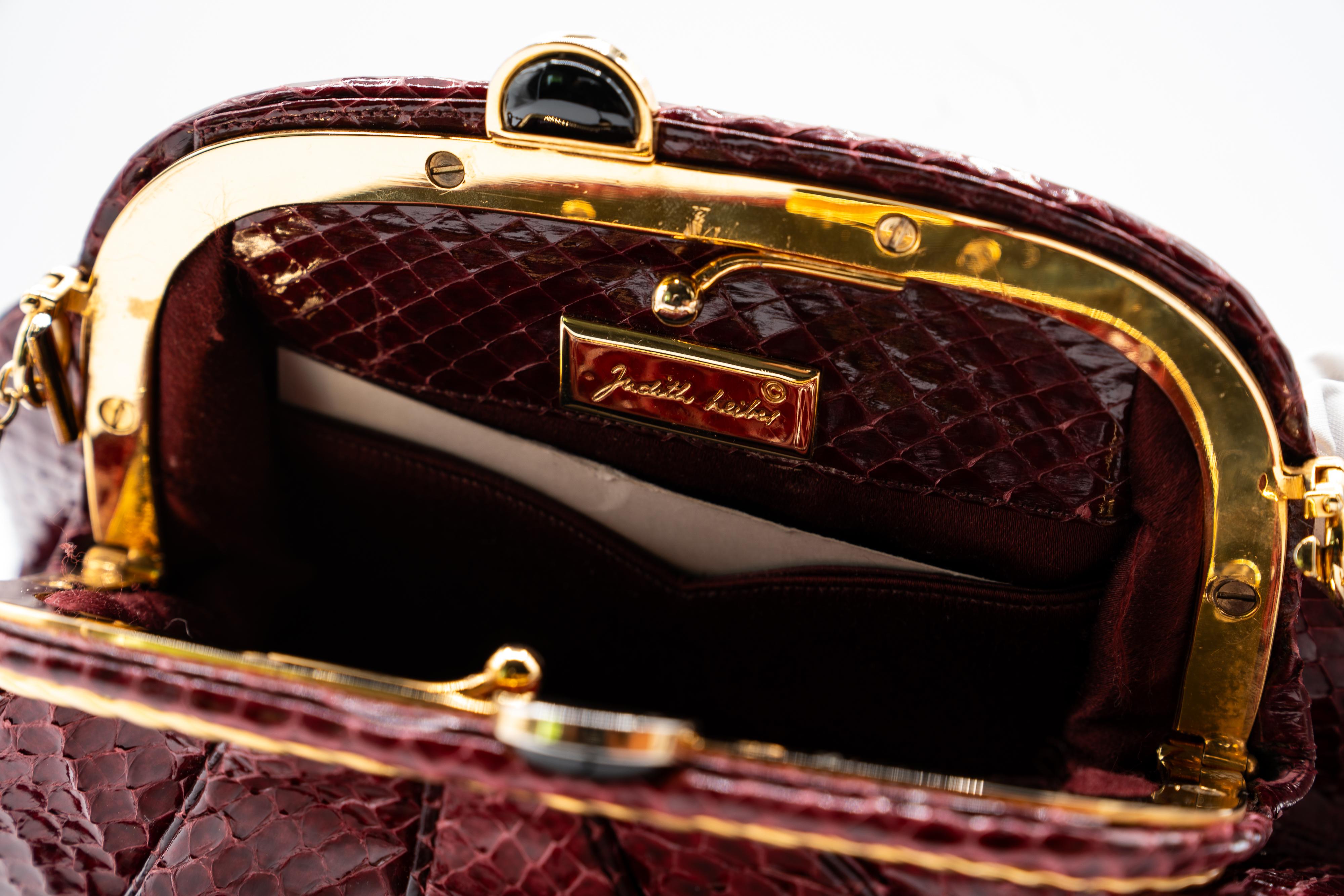 Judith Leiber Vintage Burgundy Snakeskin Gold Accent Handbag For Sale 4