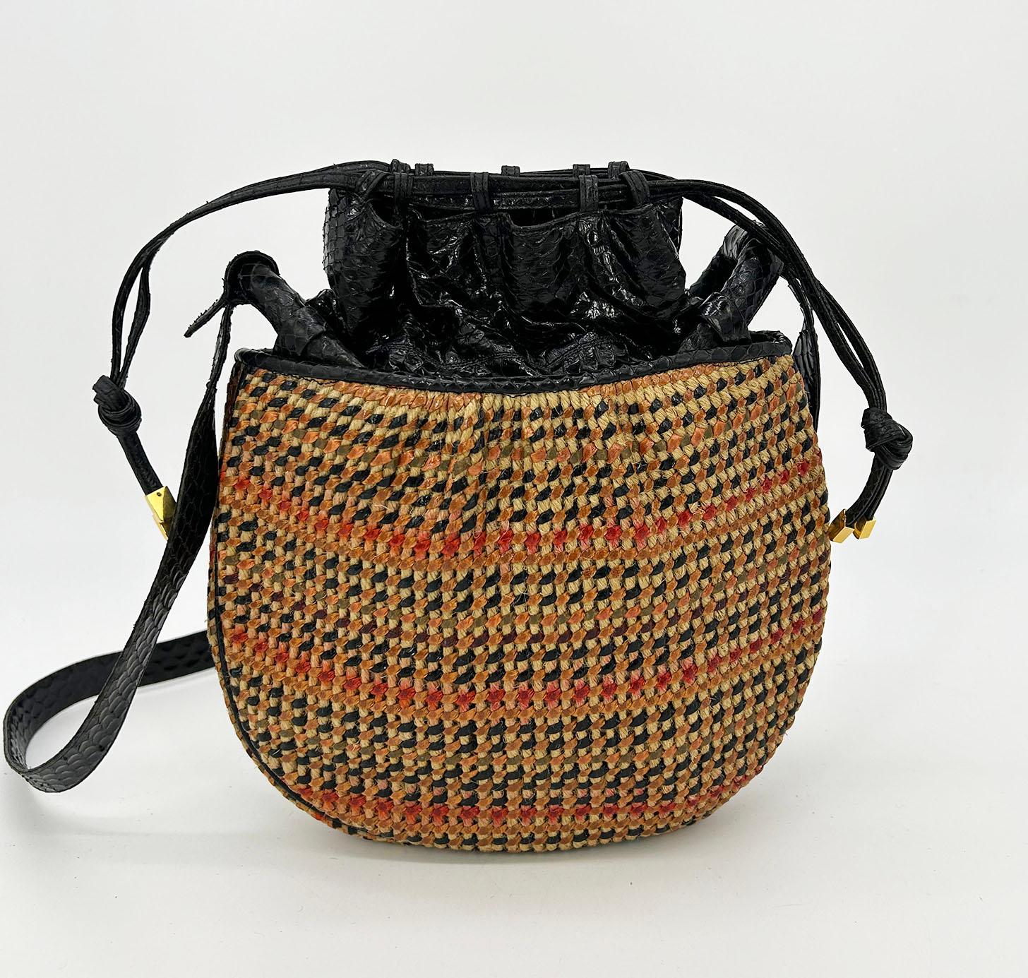 Black Judith Leiber Vintage Basket Weave Snakeskin Drawstring Shoulder Bag For Sale