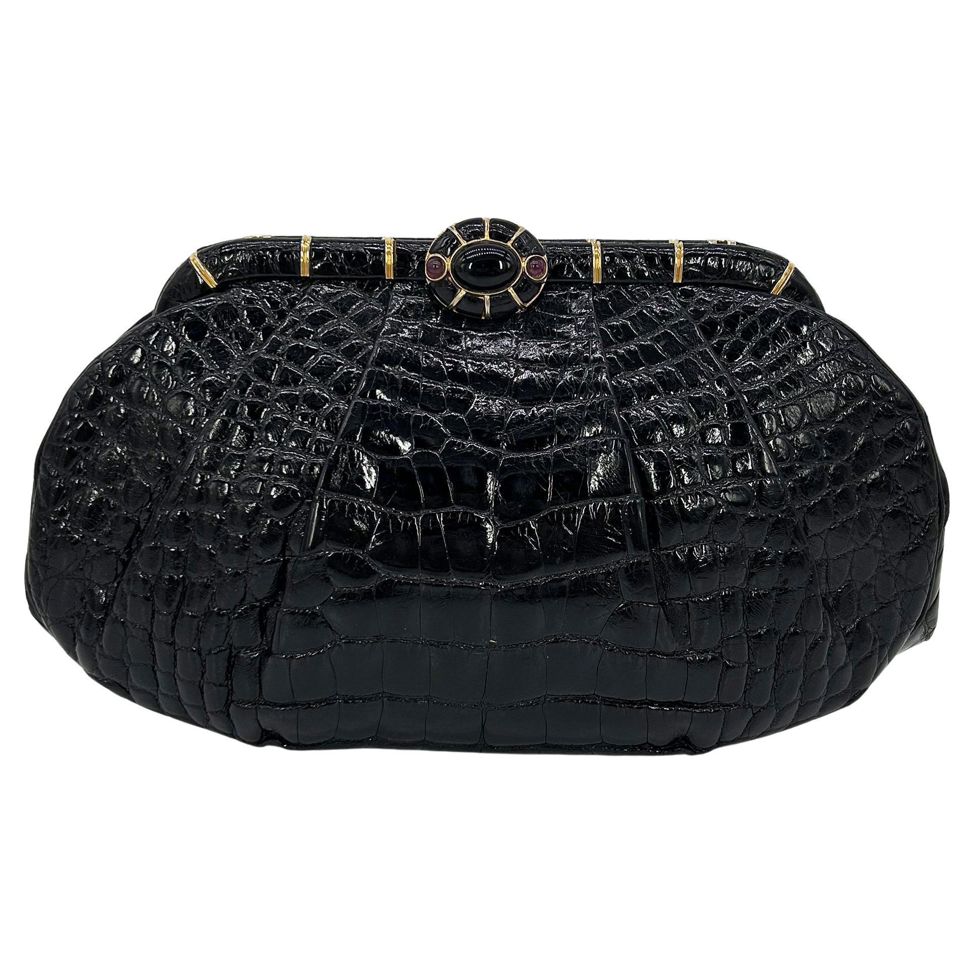 Judith Leiber Vintage Schwarze Alligator-Clutch mit Amethyst-Edelsteinen um 1980