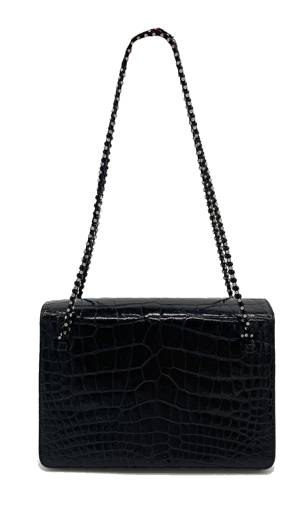 Women's Judith Leiber Vintage Black Alligator Crystal Strap Evening Bag
