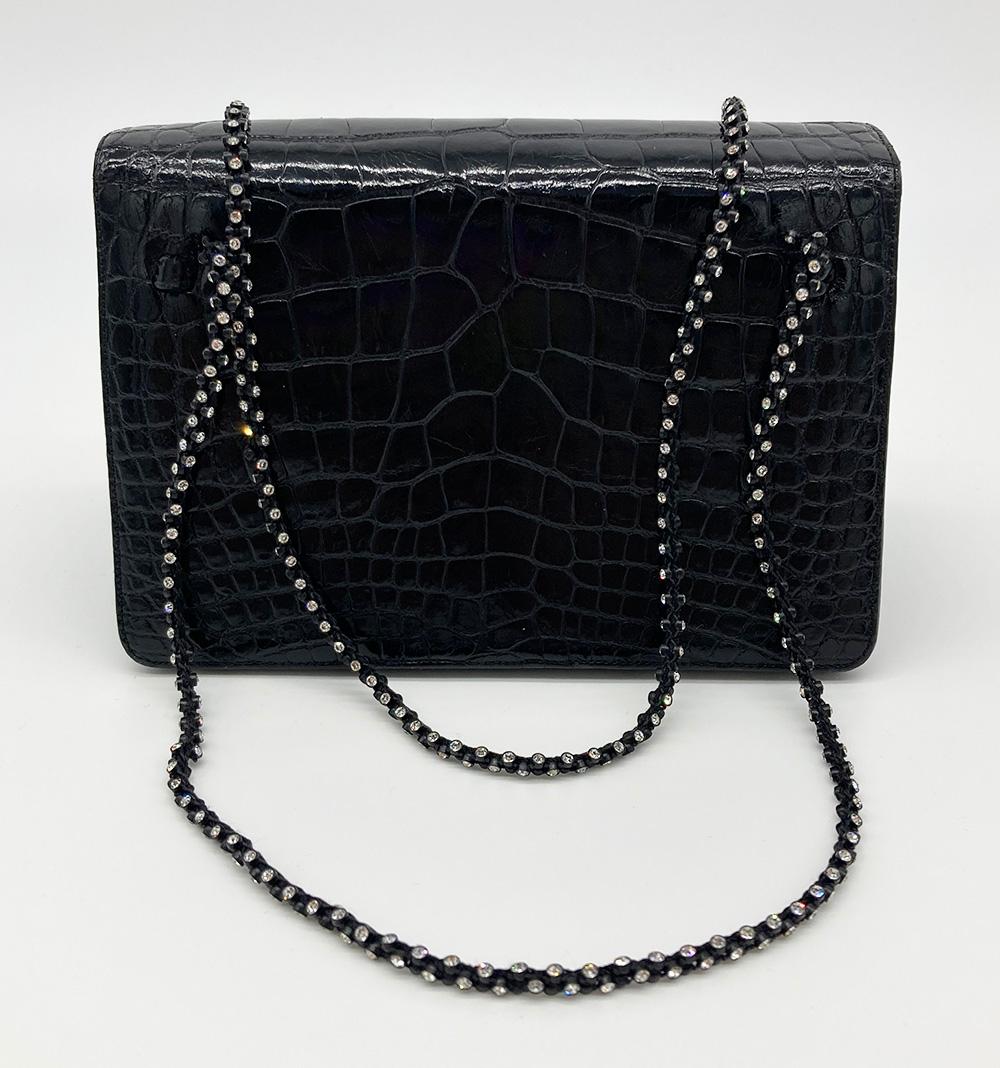 De las mujeres Judith Leiber Bolso de noche vintage con correa de cristal de aligátor negro en venta
