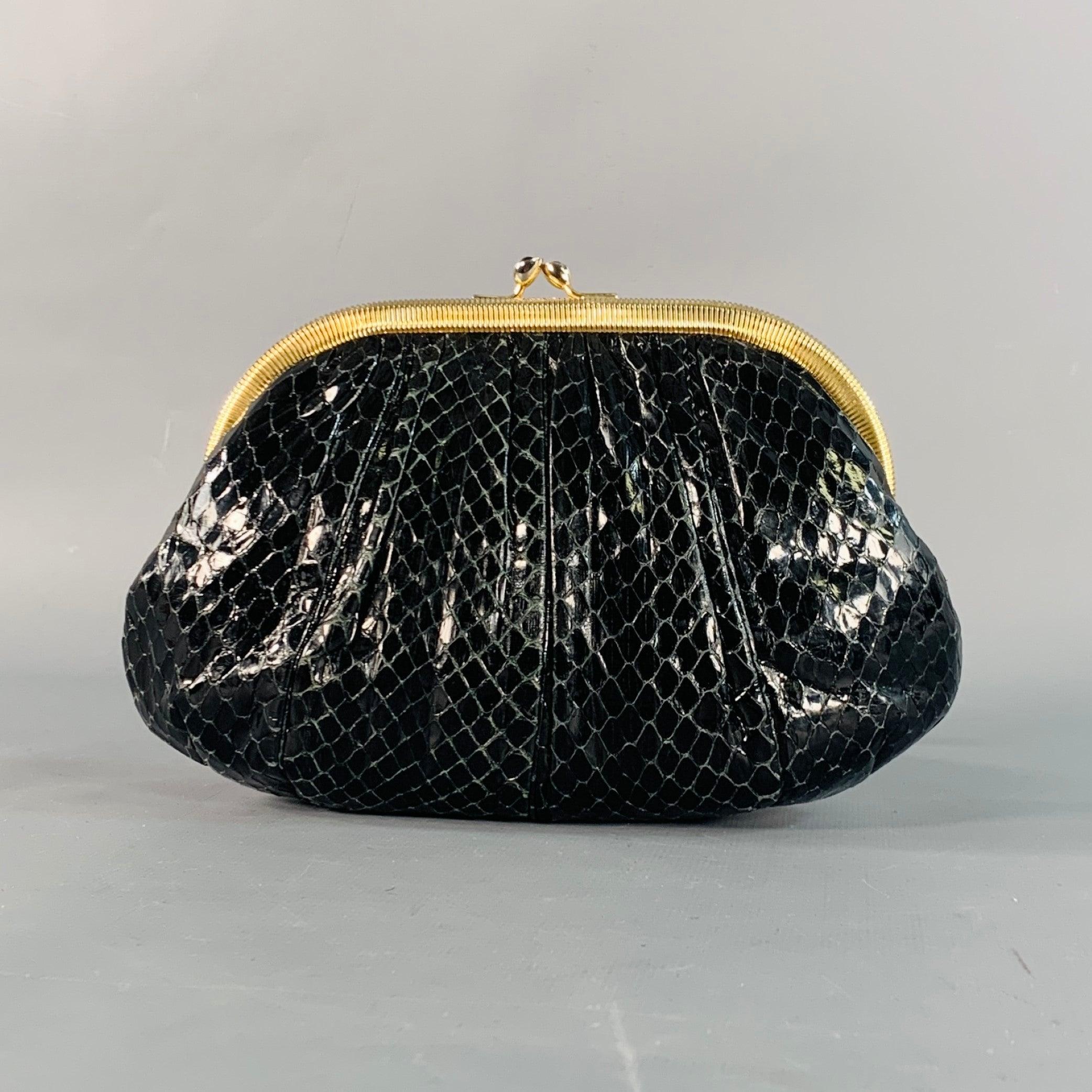 JUDITH LEIBER Vintage Schwarzer Goldton Schlangenleder Kussverschluss Abendhandtasche im Zustand „Gut“ im Angebot in San Francisco, CA