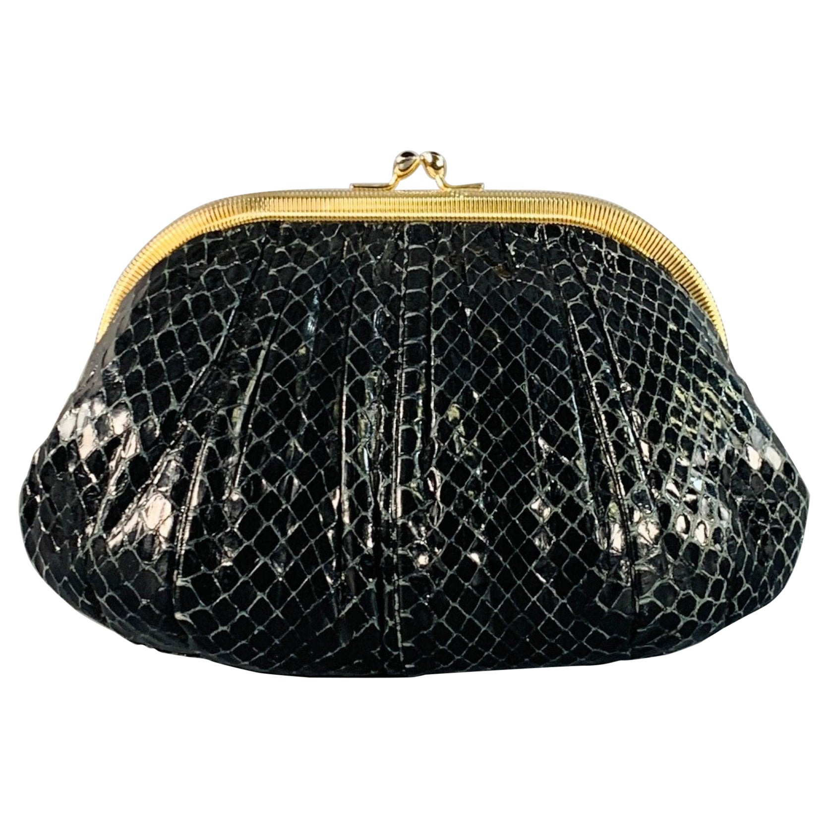 JUDITH LEIBER Vintage Schwarzer Goldton Schlangenleder Kussverschluss Abendhandtasche im Angebot