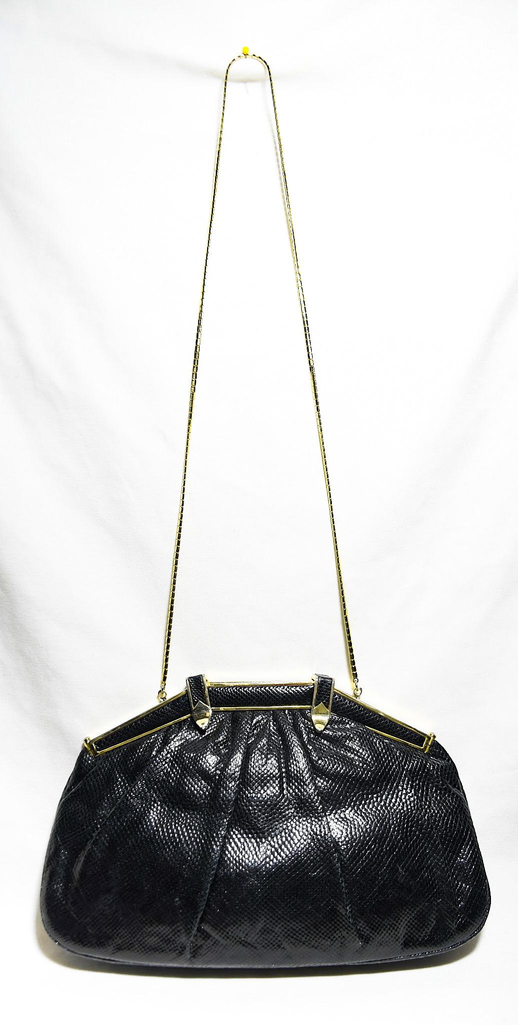 Women's Judith Leiber Vintage Black Lizard Clutch With Two Clasps On Expandable Frame  For Sale