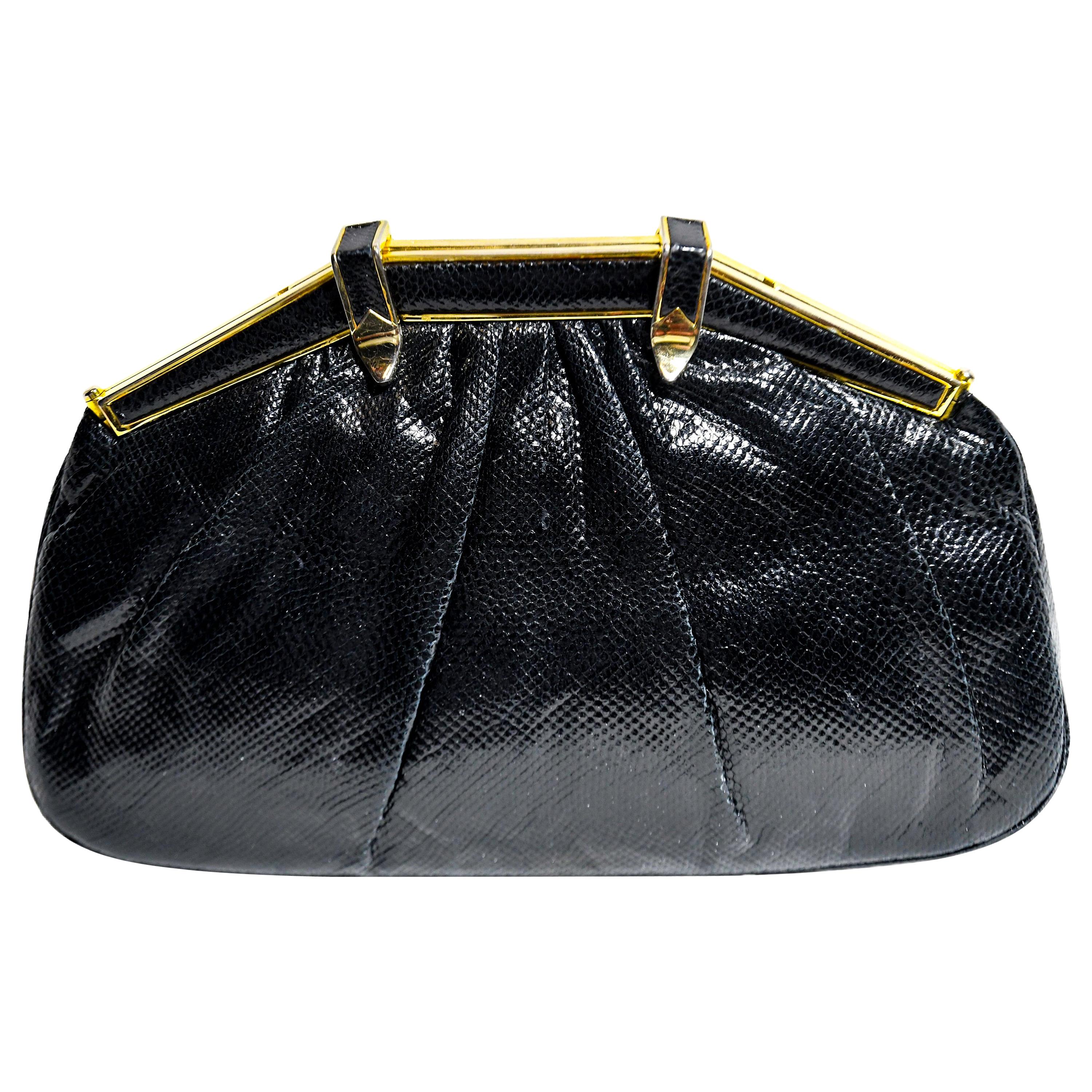 Judith Leiber Vintage Black Lizard Clutch With Two Clasps On Expandable Frame  For Sale