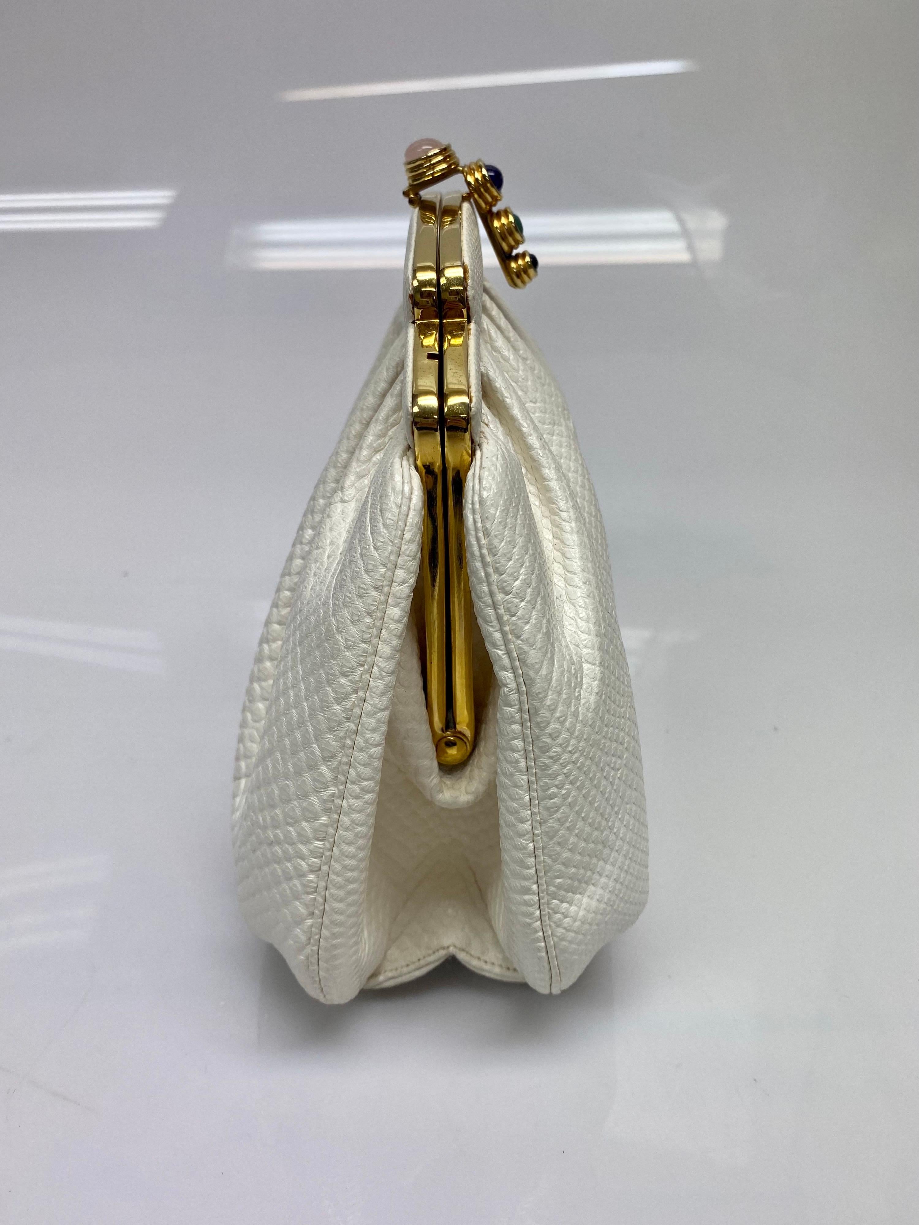 Gray Judith Leiber Vintage Cream Lizard Handbag with jeweled closure