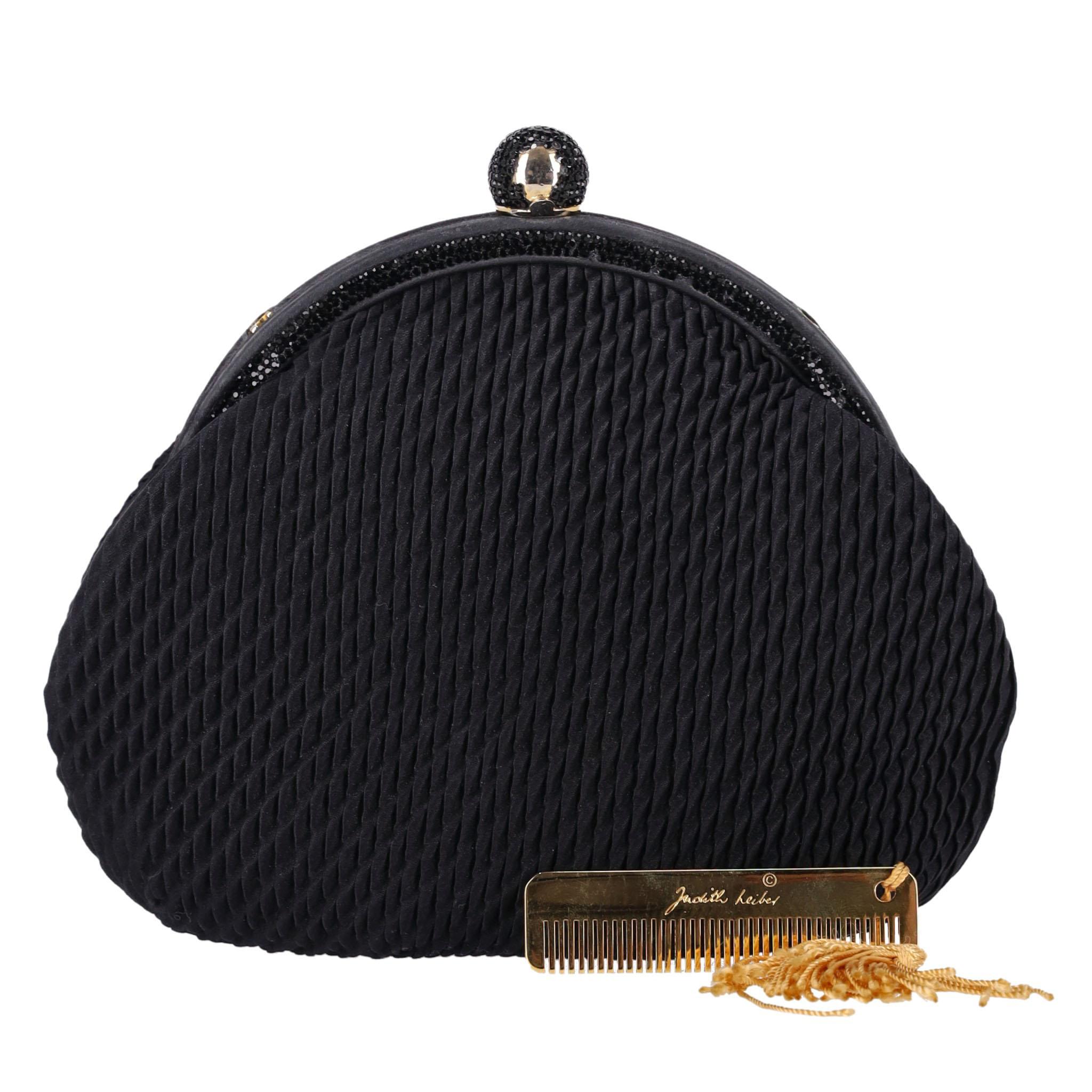 Black Judith Leiber Vintage Crystal Adorned Satin Clutch Bag With Gold Comb For Sale