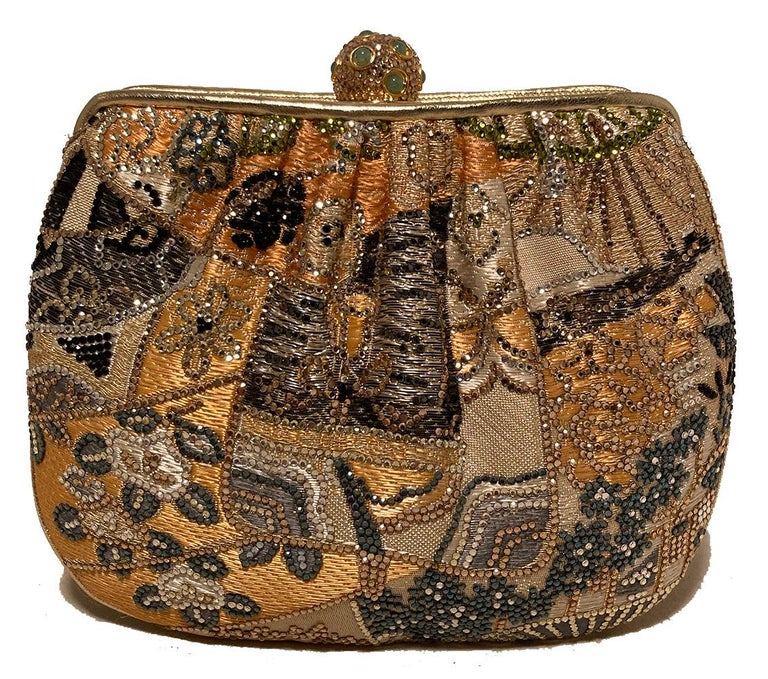 Brown Judith Leiber Vintage Gold Silk Multicolor Swarovski Crystal Evening Bag Clutch For Sale